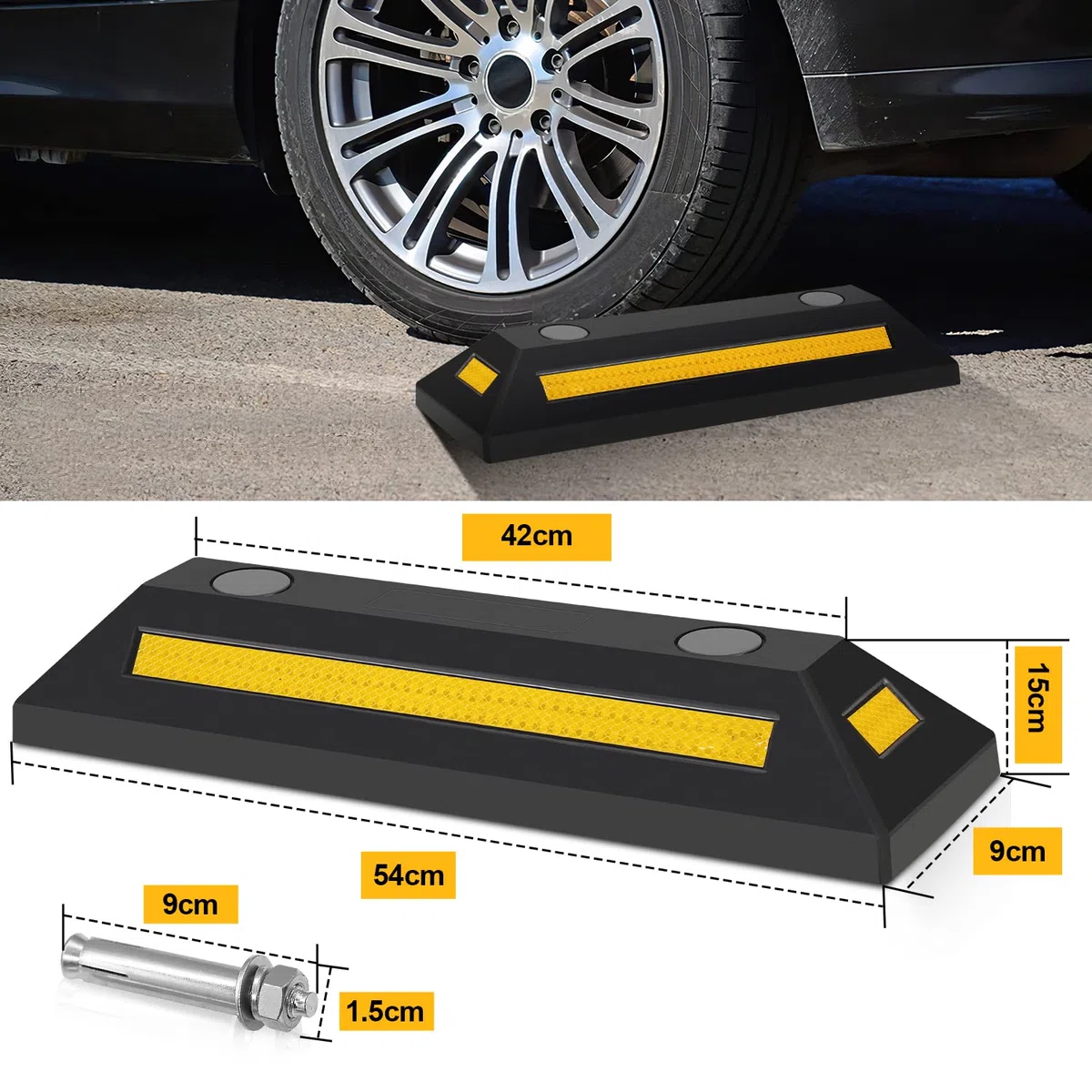 8 Stück Radstopper Parkplatzsperren Gummi Parkplatzbegrenzer Parkbegrenzung Parkplatzmarkierung Anfahrschutz mit Gelb Reflektierende Streifen für Garage und Parkplätze