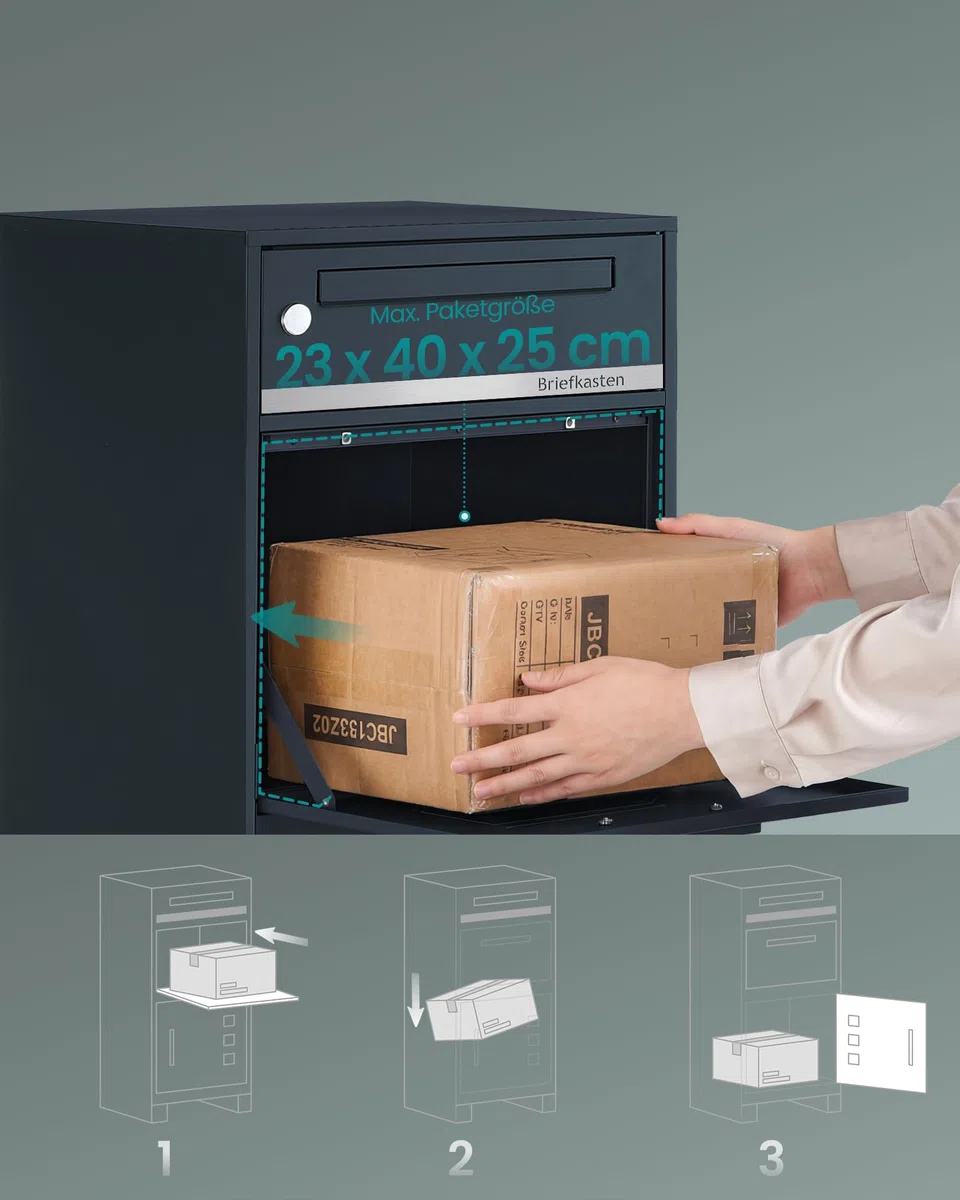 SONGMICS Paketbox, Paketbriefkasten, Briefkasten mit Paketfach, personalisiert, Paketkasten XXL, für Briefe, Pakete, Schloss mit Abdeckung, 2 Schlüssel, Stahl, anthrazit GMB091GZ01-01