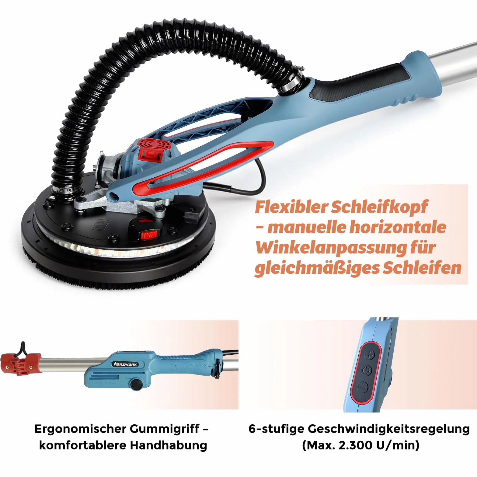 FANZWORK Trockenbauschleifer mit Bürstenlosem EC-Motor 900W, ULTRA-Leicht, 225mm Schleifgiraffe, bis 2300 U/min, Länge bis 1,9m, inkl. LED, 3,8m Kabel, Schleifscheiben, Sauger-Adapter, Tragkoffer