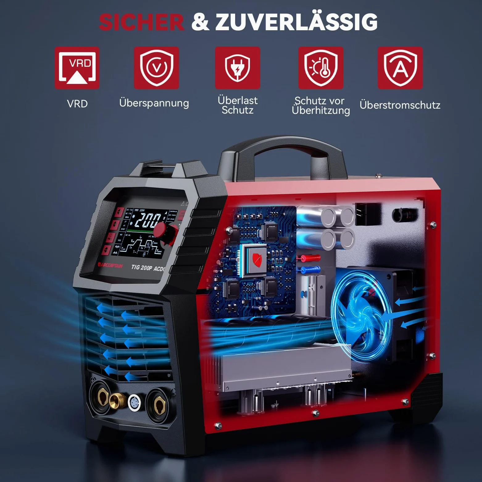 ARCCAPTAIN 200Amp WIG Schweißgerät AC/DC mit Pulsfunktion 230V, Aluminium Schweißen, WIG-Schweißgerät mit Rechteckwellen/Dreieckwellen Punktschweiß, MMA, IGBT 7 in 1 Alu Schweißgerät