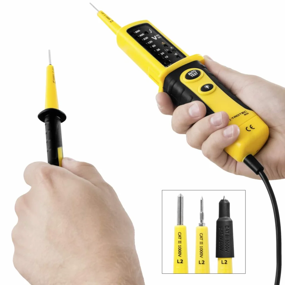 TROTEC Spannungsprüfer zweipolig BE20 – Durchgangsprüfer akustisch – Messbereich 12-600 V (AC/DC), IP64, LED