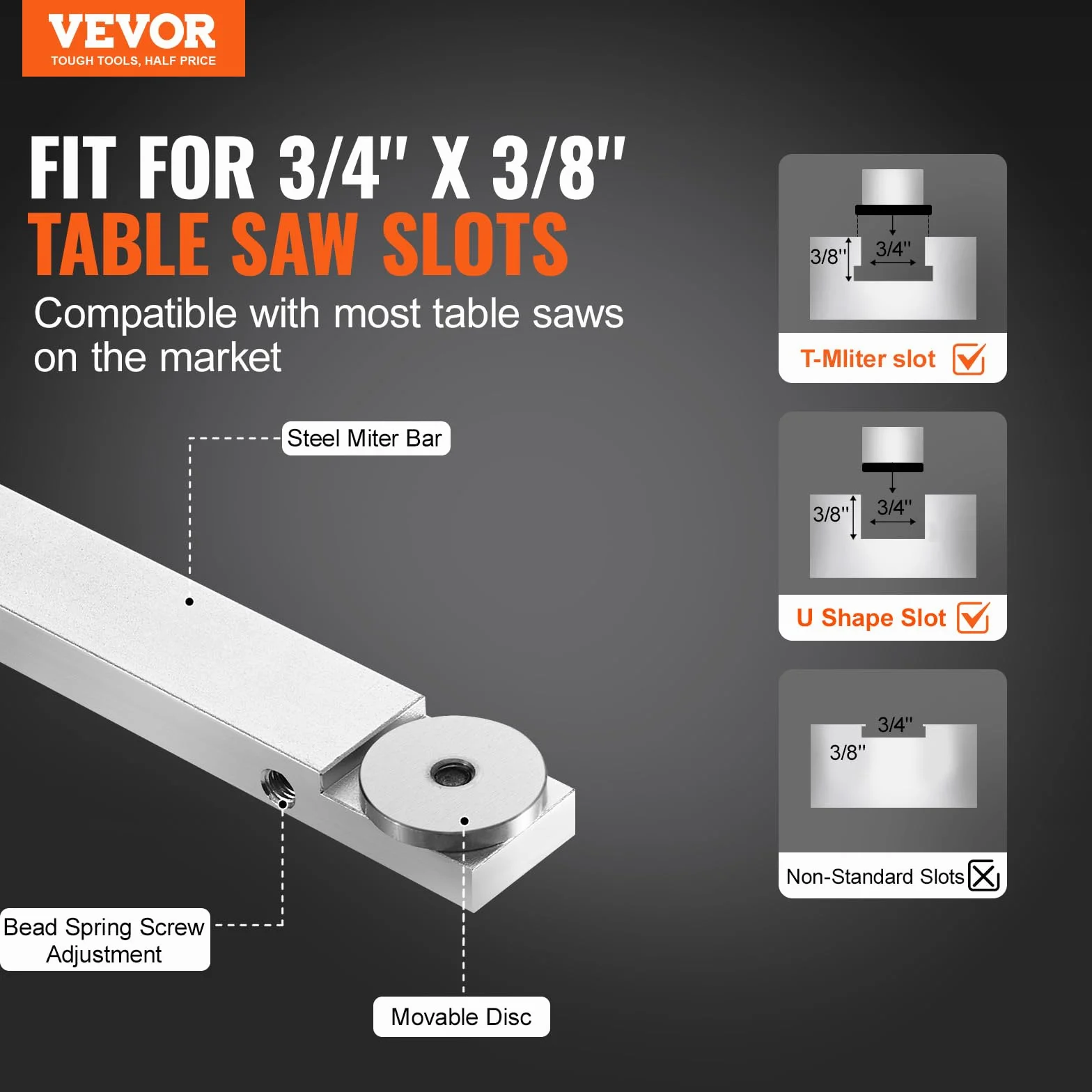 VEVOR Gehrungsanschlag, Standardschlitz 19 x 10 mm, Aluminiumlegierung mit 48-89 cm Rasterung, 15 Winkelanschlägen, verstellbarem Kolben und abnehmbarer Scheibe, für die Holzbearbeitung