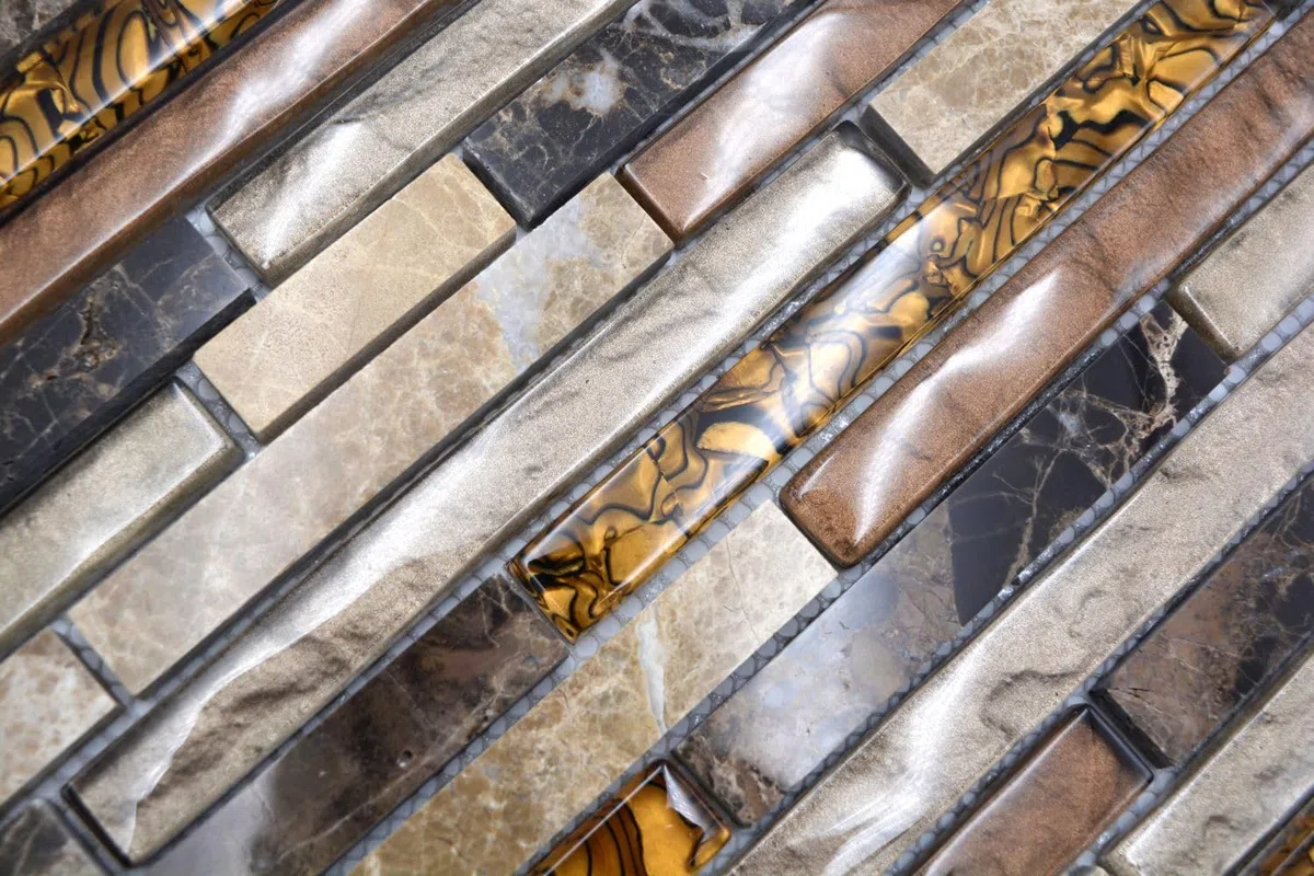 Glasmosaik Verbund Crystal/Marmor mix beige/braun Naturstein Fliesenspiegel, Mosaikstein Format: 15x48/98/148x8 mm, Mattengröße: 298x338 mm, 10 Matten