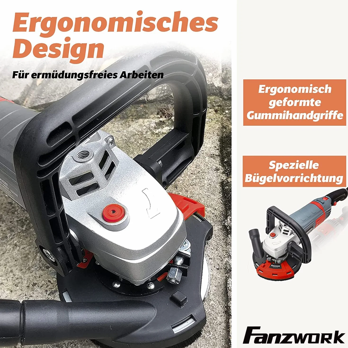 FANZWORK Betonschleifer Betonfräse Sanierungsfräse Set mit Diamantschleiftopf und Absaughaube, mit Drehzahlregelung (1500W/125mm+)