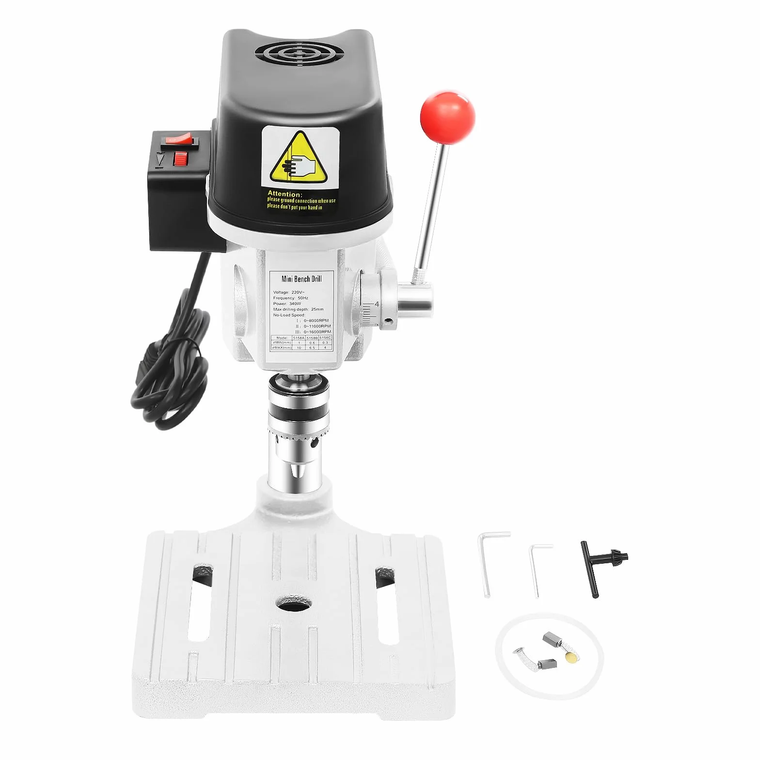 340W Tischbohrmaschine Mini Bohrmaschine Säulenbohrmaschine,Bohrfutter 1-10mm,0.6MM - 6.5MM Bohrungsdurchmesser,3-stufige Drehzahlregelung für Holz Metall und Kunststoff