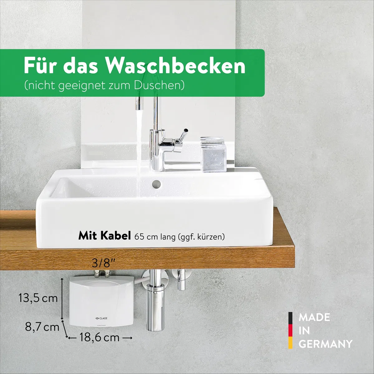 CLAGE MBH4 hydraulischer Klein-Durchlauferhitzer fürs Handwaschbecken, 4,4 kW, mit Stecker, druckfest + drucklos, VDE-GS geprüft, 1500-16004