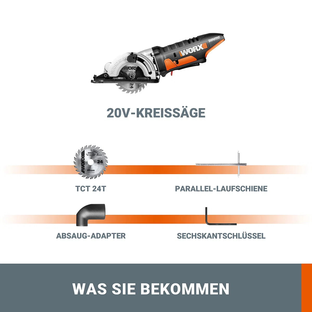 WORX WX527.9 WORXsaw Akku Handkreissäge 20V - Tauch- und Sägeschnitte bis zu 27mm, Einhandbedienung - ideal für Holz, dünnes Metall, Keramik, Kunststoffe - ohne Akku & Ladegerät