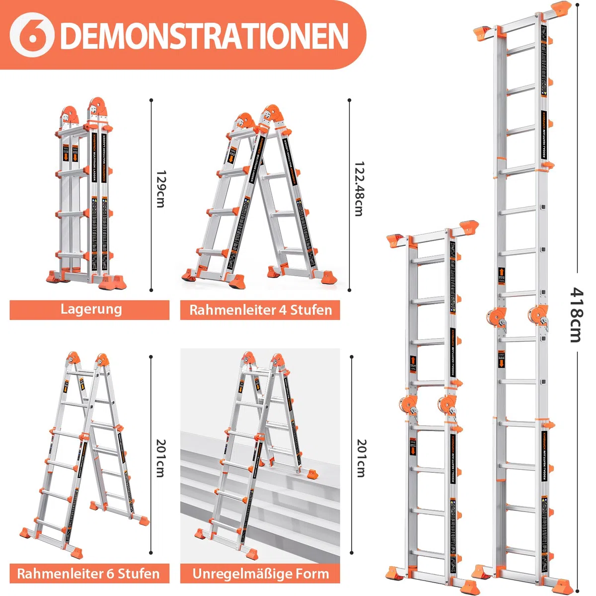 KINGRACK Aluminium Teleskopleiter 4,17 M 4x4 Sprossen Mehrzweckleiter, Rutschfeste Multifunktionsleiter mit Stabilisatorstange, Aluleiter Treppenleiter Bockleiter beidseitige Steh Belastbar bis 150 kg