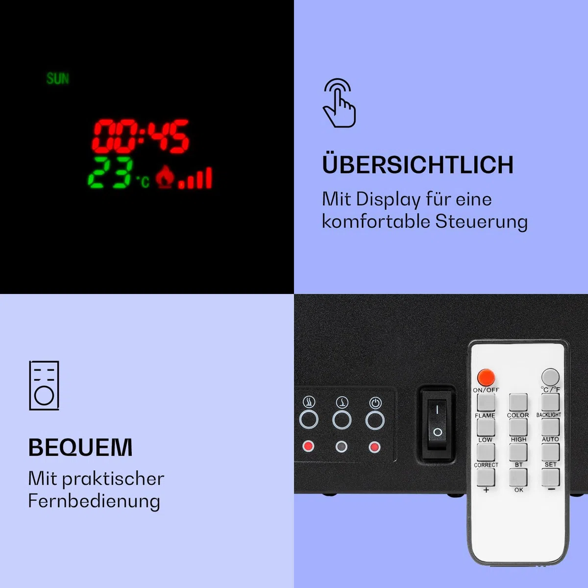 Klarstein Elektrokamin, Elektro Heizungen für Wohnzimmer & Innenräume, Elektrischer Kamin mit LED Flammen, Kamin zur Wandmontage, Heizlüfter mit Timer, Einstellbarer Thermostat, Heizung 2000 W