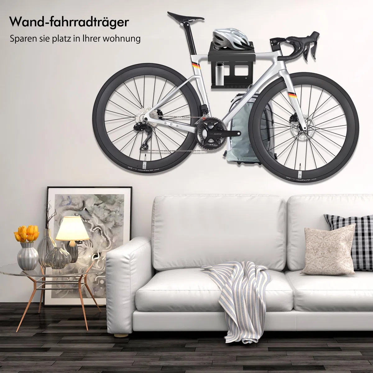 Mimoke Indoor Fahrrad Wandhalterung Garagen Wandmontierter Fahrradständer für Fahrräder mit Regalhaken, Kompaktes Robustes Design, Schutzpolster, Zusätzlicher Stauraum, Einfache Installation (Schwarz)
