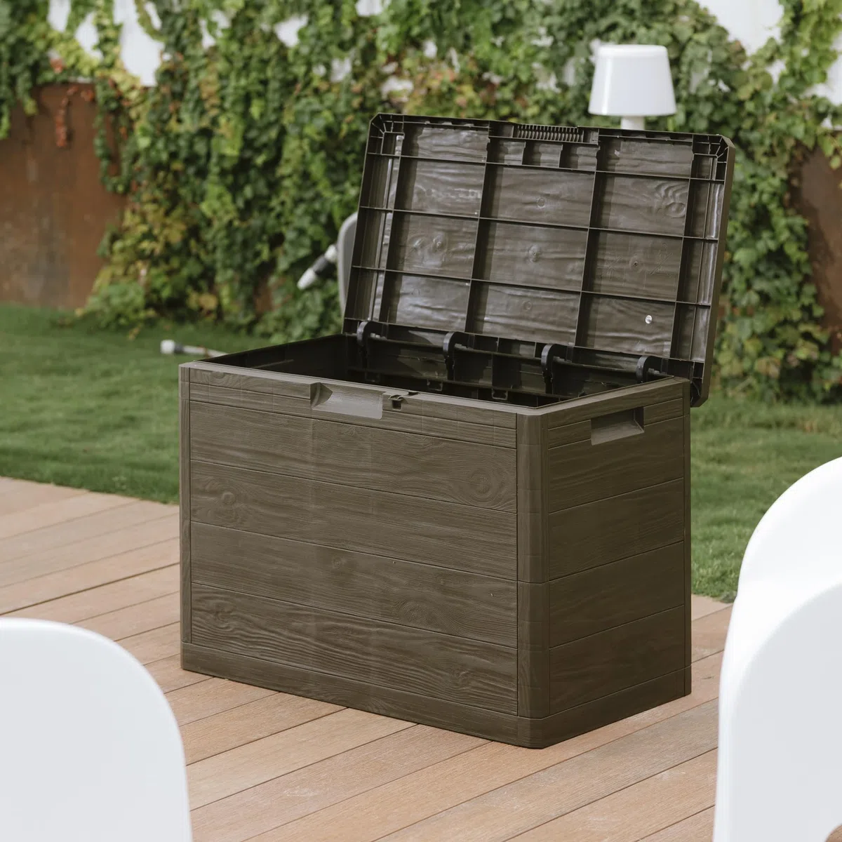 Toomax Truhe Multibox Woody's 160L Gepäckträger für den Außenbereich, Holzoptik, Maße 77,5 x 44,5 x 52,7 cm, Braun