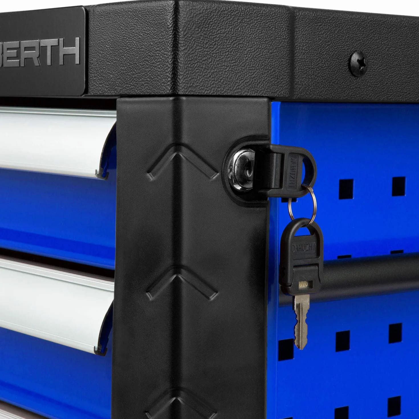 EBERTH Werkzeugkiste Leer, Werkzeugschrank Metall mit 3 Schubladen, kugelgelagerte Teleskopschienen, Vollauszug, Werkzeugbox abschließbar mit 2 Schlüsseln, Werkzeugkasten dunkelblau Pulverbeschichtet