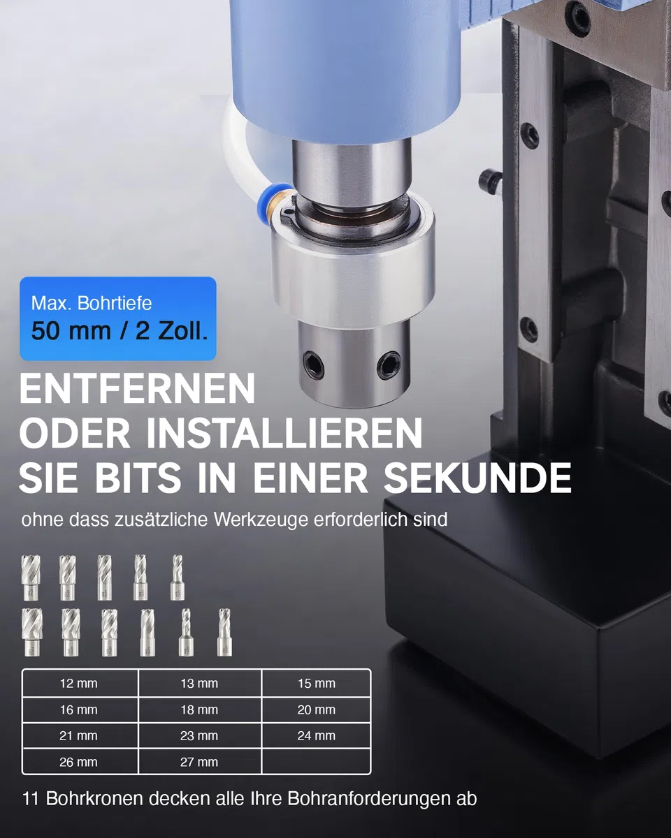 ZELCAN Magnetbohrmaschine, 1550W Standbohrer, 13900N Anpresskraft, 650 U/min, 50mm Bohrtiefe. Lieferung mit 11 HSS-Bohrern 12–27mm und Drehzahlregelung für gewerbliche Metallbearbeitung