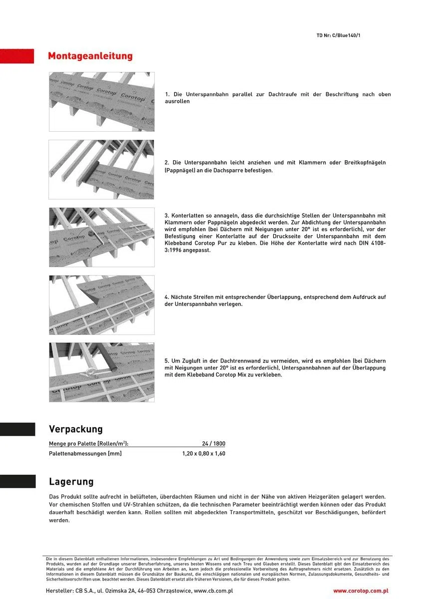 Corotop Classic 130g/m² ohne Klebestreifen 1,5 x 50 m/Rolle = 75 m² Unterspannbahn Unterdeckbahn Dachbahn Dachfolie Oberlagsbahn