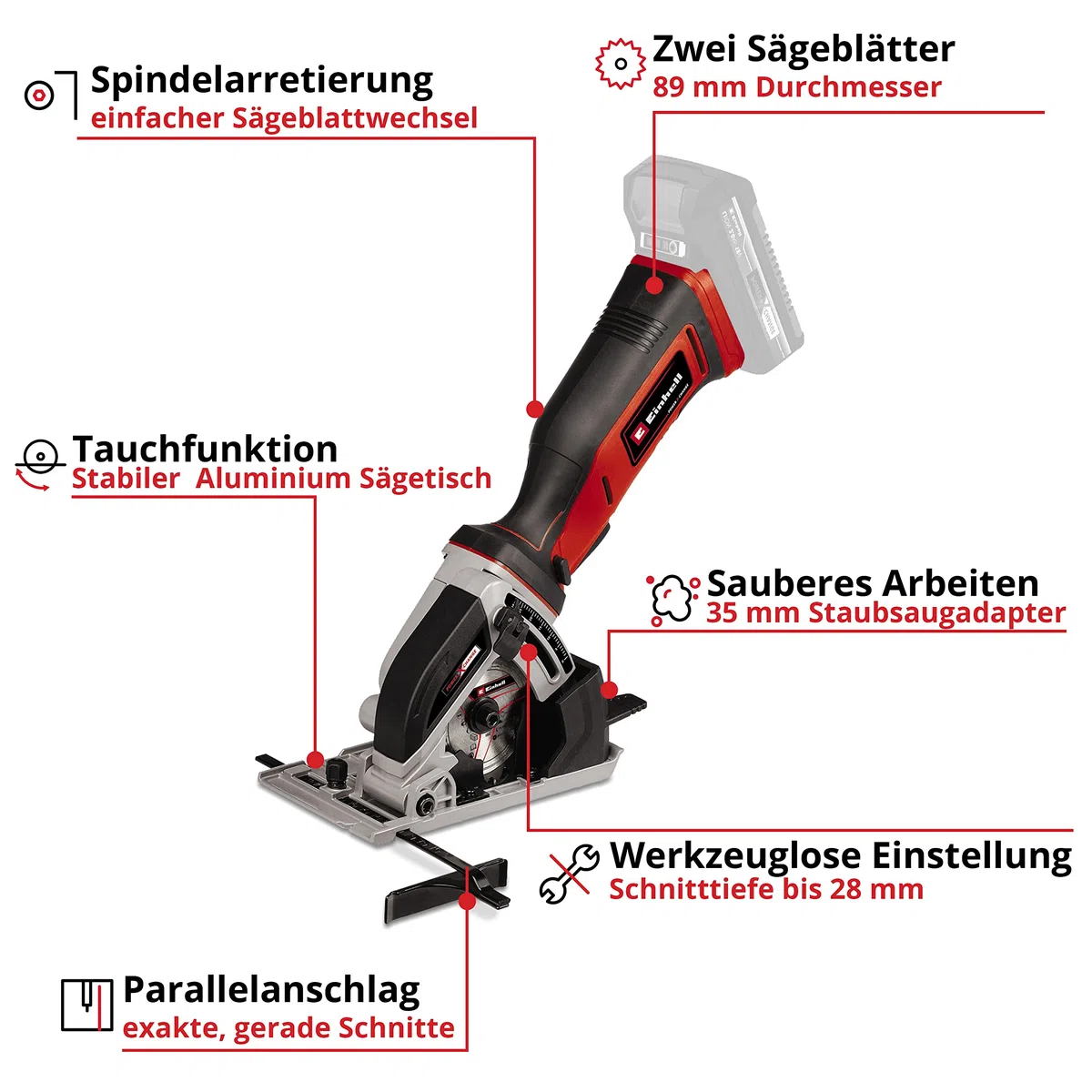 Einhell Akku-Mini-Handkreissäge TE-CS 18/89 Li Power X-Change (Lithium-Ionen, 18 V, max. 28 mm, Sägeblatt Ø 89 mm, Absaugadapter, Parallelanschlag, inkl. 2,5 Ah Akku und Ladegerät)