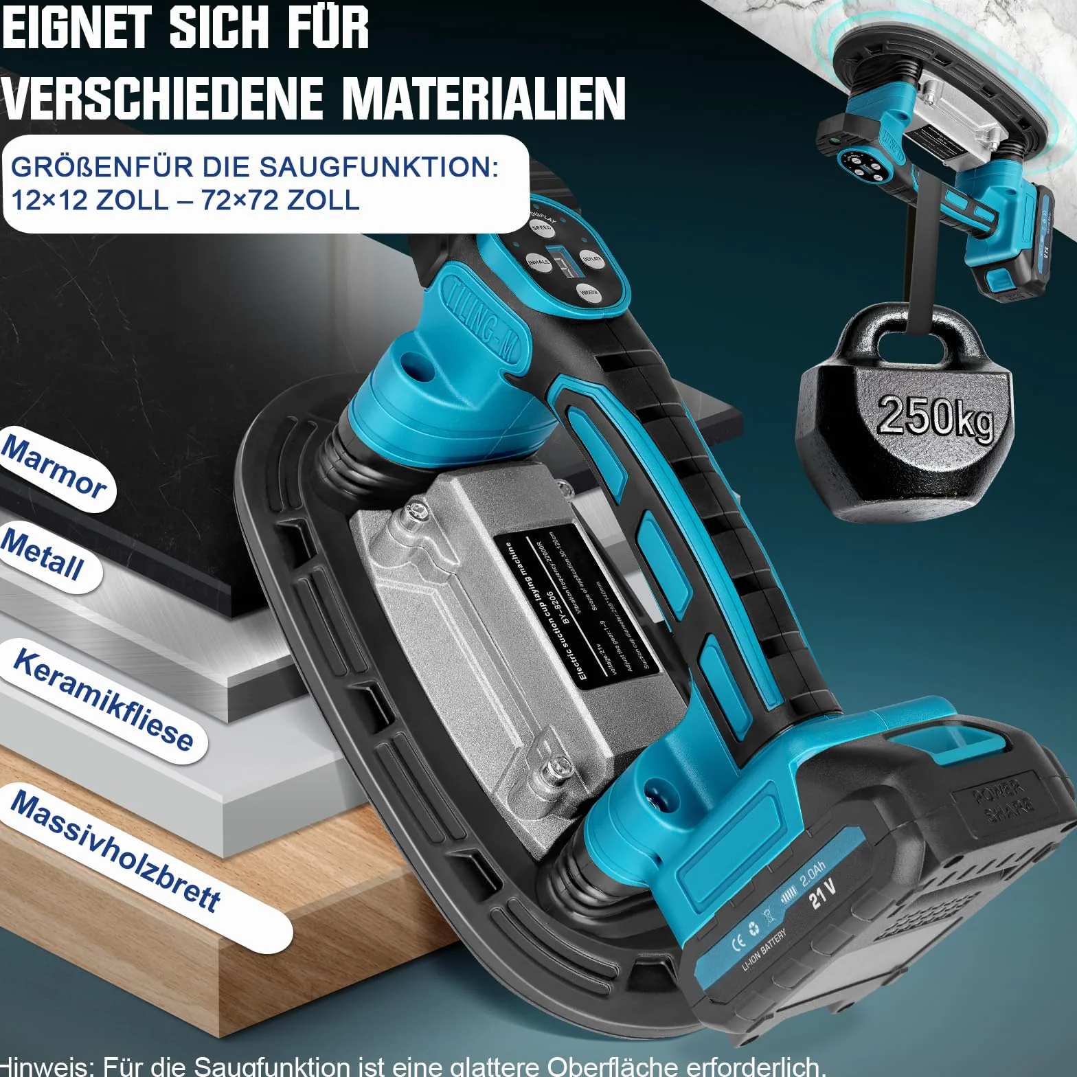 2 IN 1 Akku Fliesenrüttler & Saugnäpfen mit 2x2000mAh Akkus, Fliesenvibrator mit 22.5x12 Saugnapf | 250KG Adsorption | 9 Gang Einstellbaren 25000u/min Fliesenmaschine für 0.3-1.8m Fliesen Wandfliesen