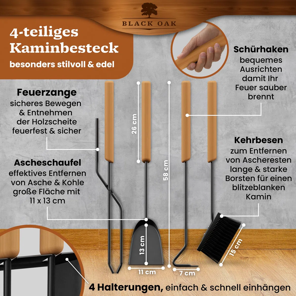 BLACK OAK Kaminbesteck DAVOS 5-teilig - edles & dekoratives Ofenbesteck Set schwarz mit Holzgriff 5 teilig Ständer + Kaminzange Schürhaken Ascheschaufel Kaminbesen Stahl Kaminzubehör Besteck für Ofen