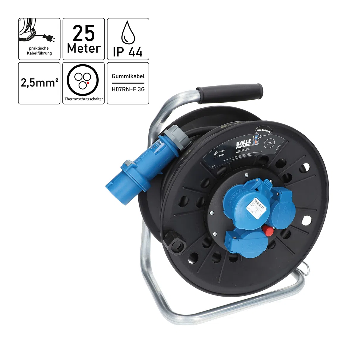 KALLE DAS KABEL CEE-Campingkabeltrommel Kabeltrommel KTG Campingkabel Wohnmobil-Kabel Caravantrommel H07RN-F 3G 2,5mm² 25 Meter im Set mit Adapter und Anschlussleitung 1,5 Meter