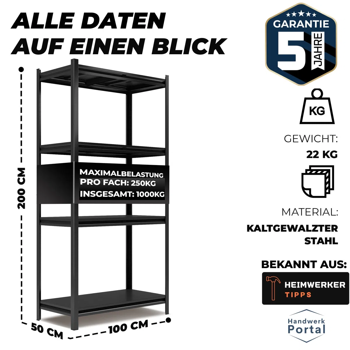 ALL Premium Metallregal Schwarz mit Schwerlastregal Metallböden 200x100x50cm - 1000kg Traglast 100% Kaltgewaltzer Stahl - Regal 100 cm Breit, Regal 50cm tief lagerregal Metall
