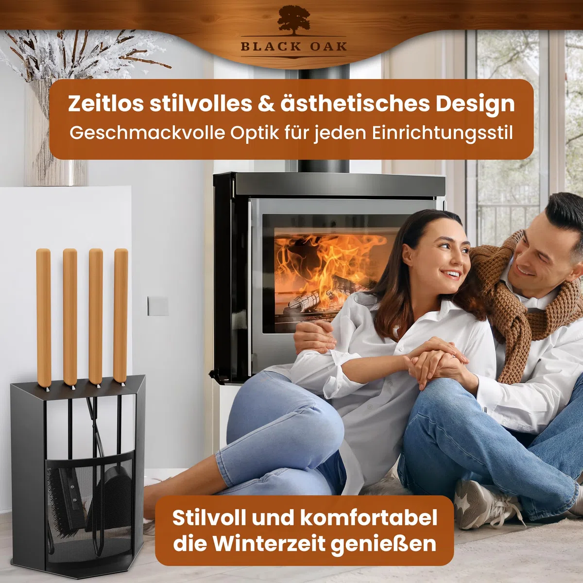 BLACK OAK Kaminbesteck DAVOS 5-teilig - edles & dekoratives Ofenbesteck Set schwarz mit Holzgriff 5 teilig Ständer + Kaminzange Schürhaken Ascheschaufel Kaminbesen Stahl Kaminzubehör Besteck für Ofen