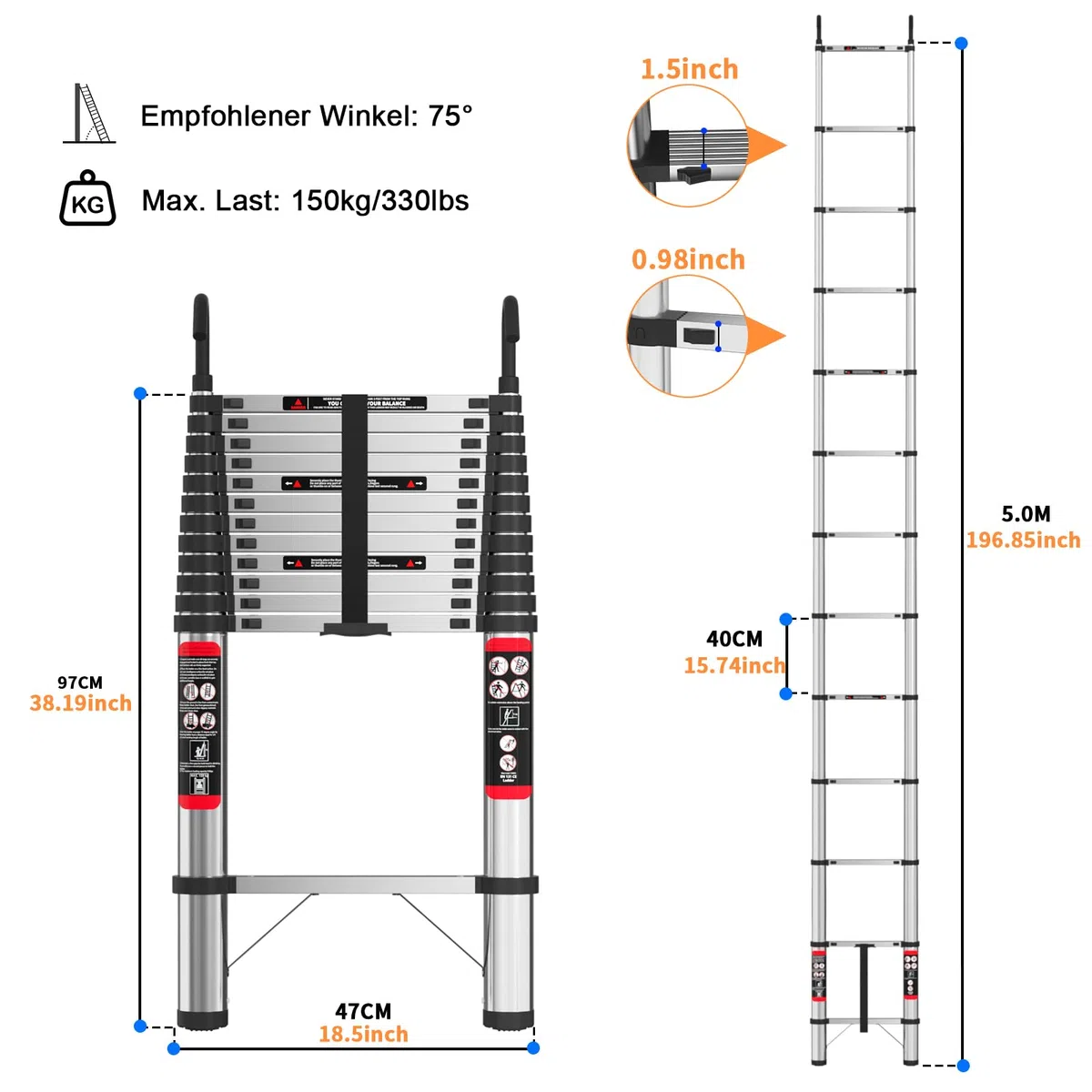 5M verdickte Teleskopleiter mit abnehmbaren Haken Edelstahl ausziehbare Faltbare 16.5ft Leiter, stärker als Aluminiumleiter