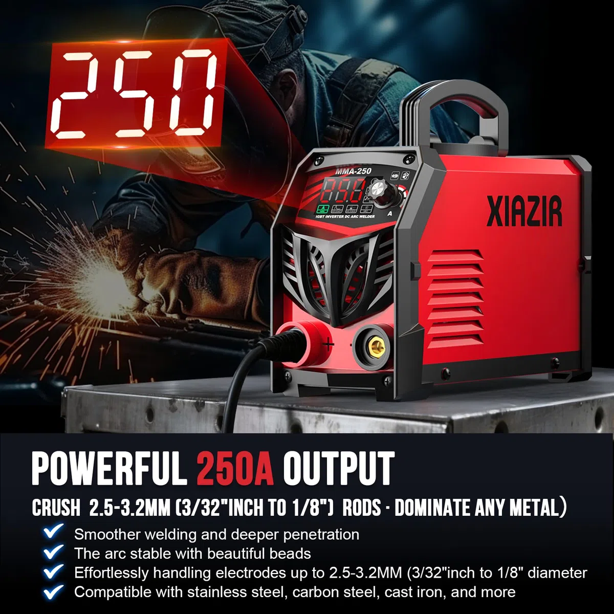 250A Elektroden schweißgerät 220V ARC Stick Welder mit LED-Display, tragbarer IGBT Inverter mit Hot Start, Arc Force & Anti-Stick, Komplettset für Heimwerker, Werkstatt & Landwirtschaft