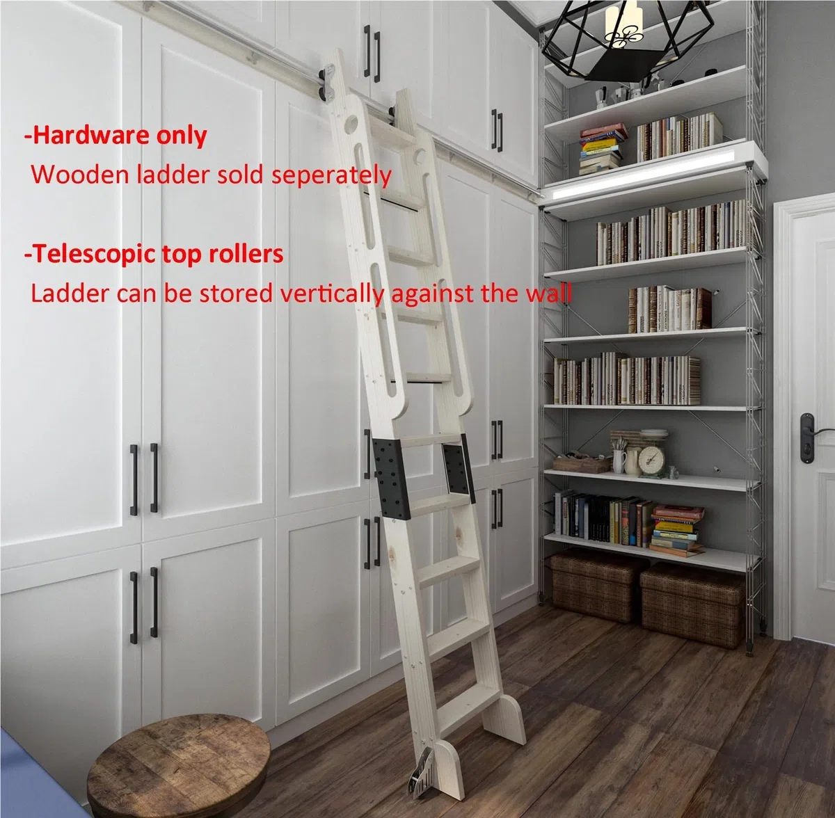 2 m Silberne verschiebbare Bibliotheksleiter-Hardware, einziehbare obere Rolle, Heimbüro, Bibliothek, Rollschienen-Set, Bodenrad mit Bremsen Rollende Bibliotheksleiter-Kit