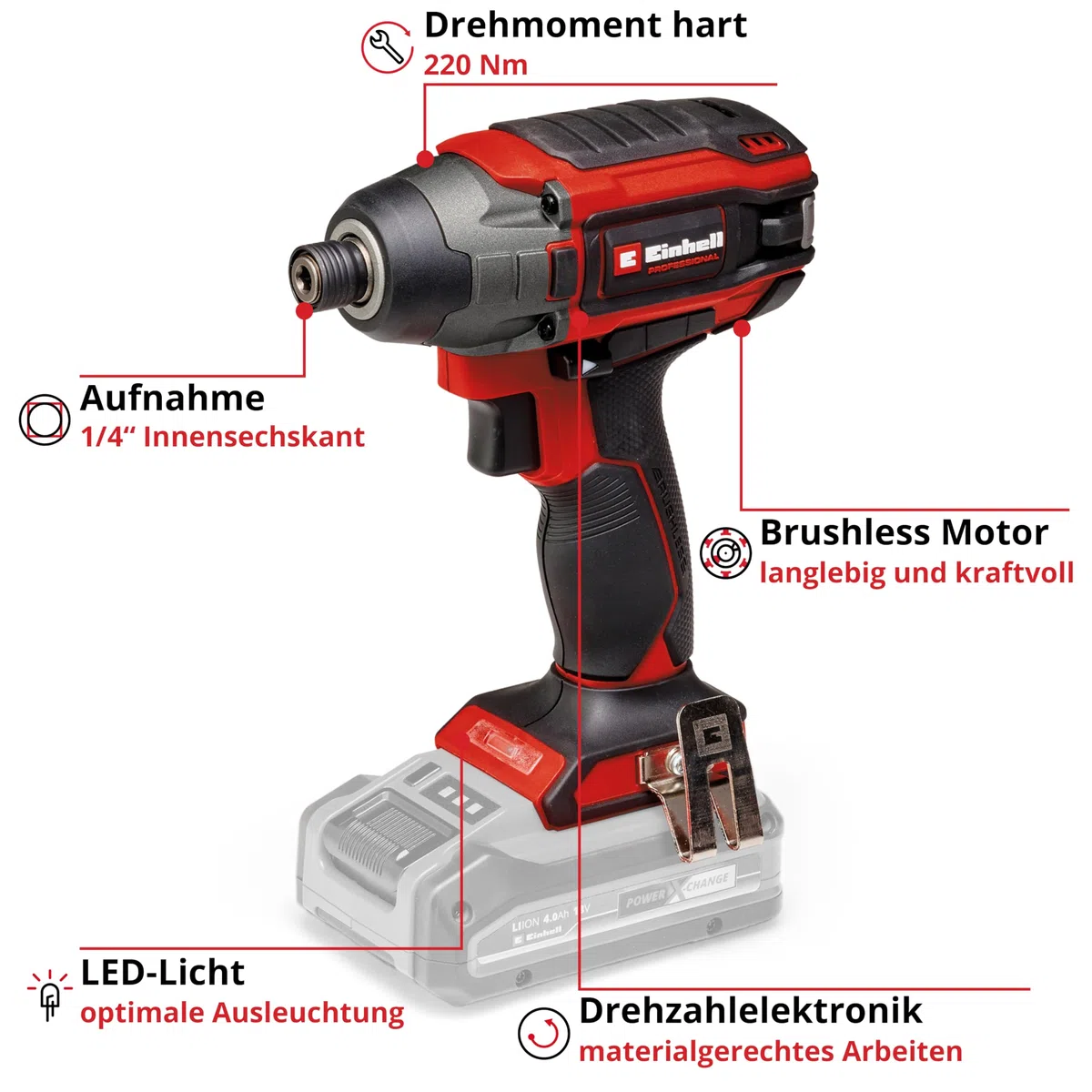 Einhell Professional Akku-Schlagschrauber TP-CI 18/220 Li BL-Solo Power X-Change (18 V, 220 Nm, Brushless, Innensechskant-Aufnahme, Drehzahlregulierung, ohne Akku)
