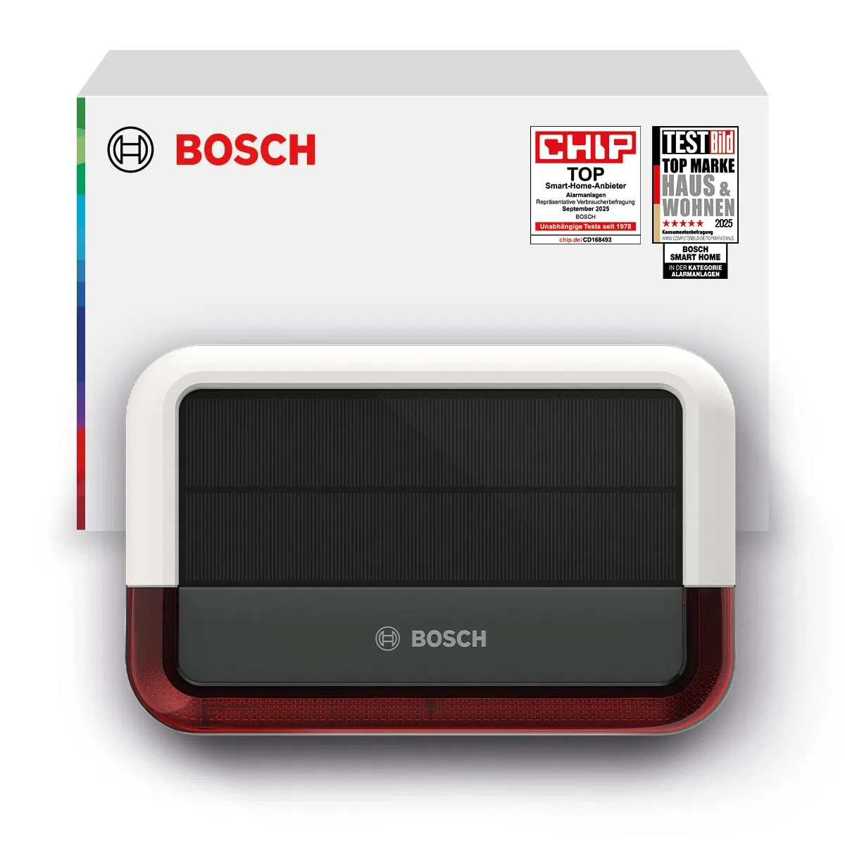 Bosch Smart Home Außensirene, kabellose Alarmanlage mit Solarpanel, warnt per 3-fachen Alarmierung hörbar, sichtbar und via Push-Nachricht, Grey