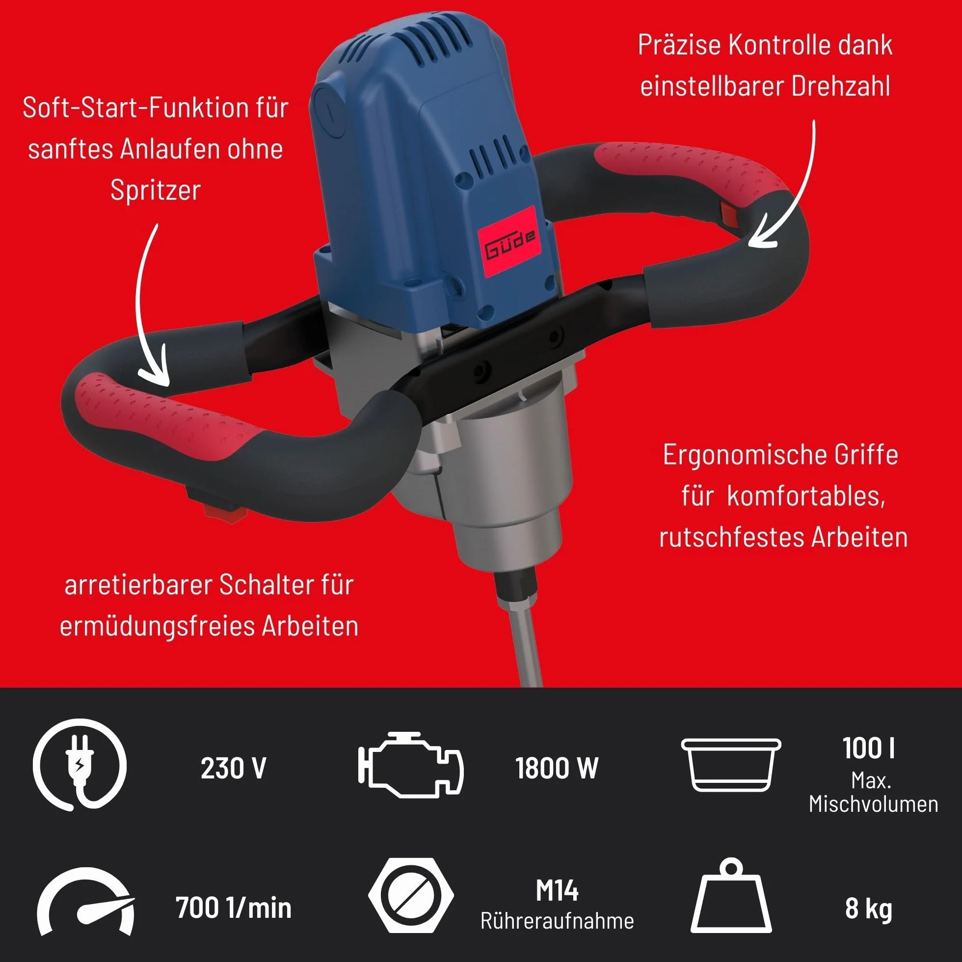 Güde Rührwerk GRW 1800 (professioneller Mörtel- und Farbrührer, 1800 W, max. 700 1/min, elektronische Drehzahlregulierung, Soft-Start-Funktion, Schalter für Dauerbetrieb, 2 Rührkörbe, Test SEHR GUT)