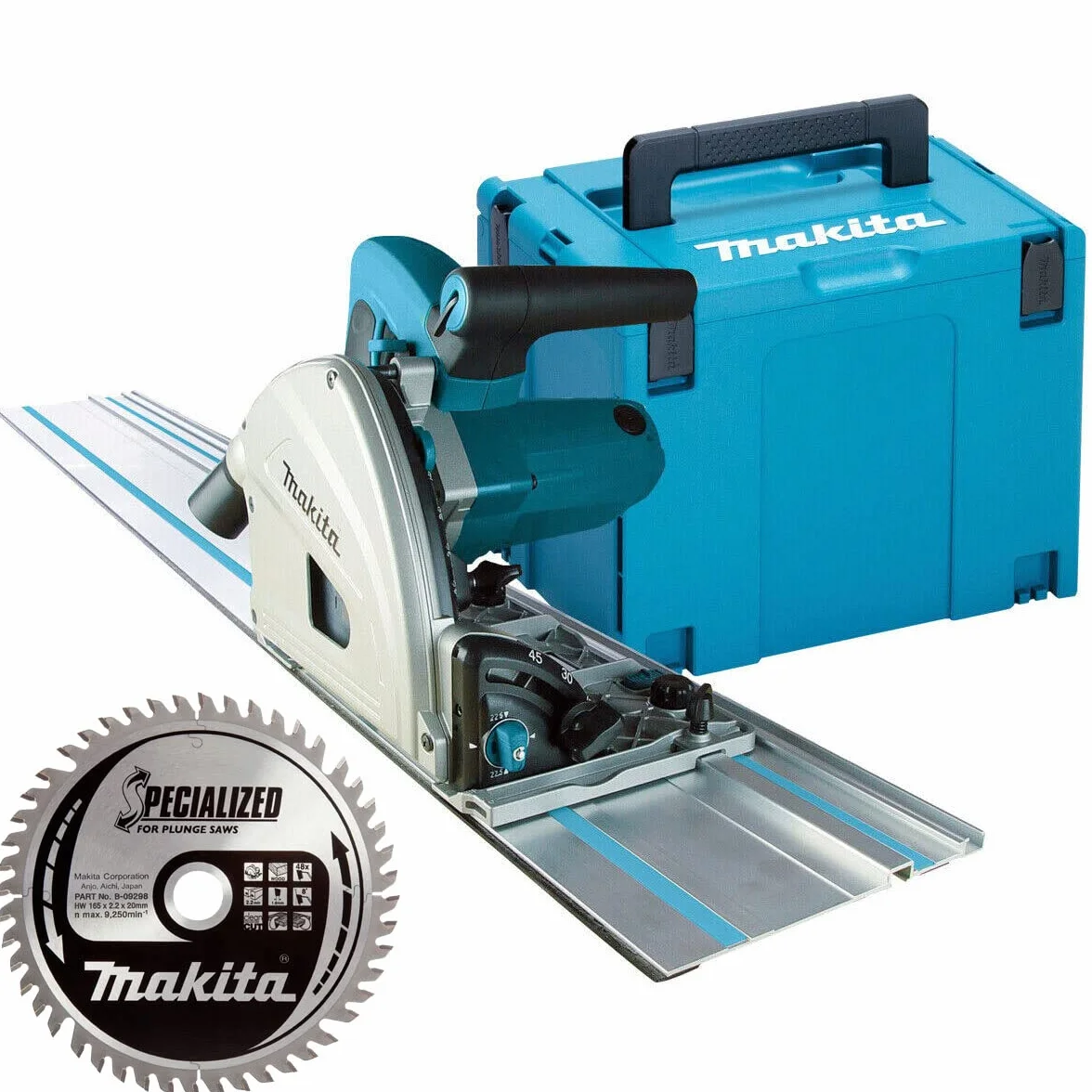 Makita Tauchsäge SP6000J2 165mm 240V Führungsschiene 1,5m Führungsschiene 48T Elektro Neigung Schneiden Wandnahes Schneiden Strapazierfähiges Design Anschlussmöglichkeit Staubsauger