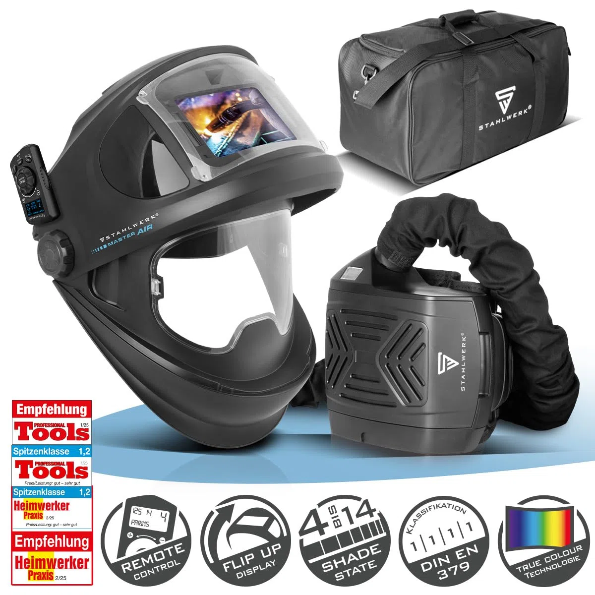 STAHLWERK Automatik-Schweißhelm 3-in-1 Master AIR – Schweißhelm mit Frischluftzufuhr, Funktionssteuerung per Bluetooth, True-Colour-Farbwiedergabe, Abdunkelung DIN 4 bis DIN 14, Optik-Klasse 1/1/1/1