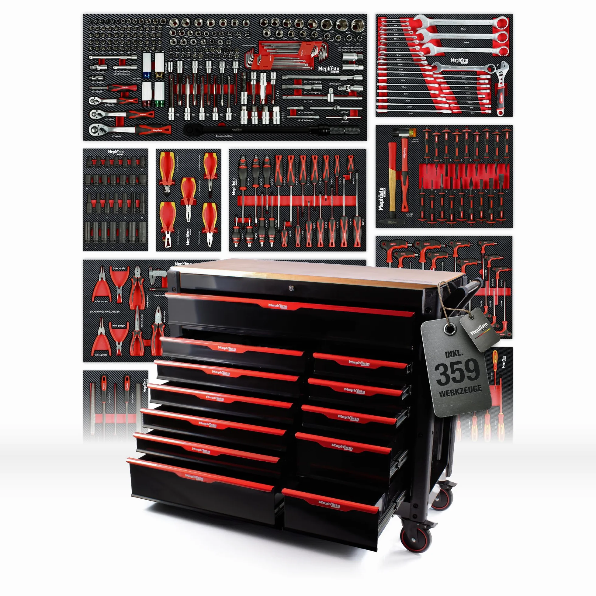 Mephisto Pro-Line BIG Werkzeugwagen Werkstattwagen gefüllt mit 12 Schubfächer davon 11 inkl. Werkzeug wie VDE Schraubendreher, Ratsche mit Nusskasten, Schraubendreher-Set in Soft Inlays in Carbon Lock