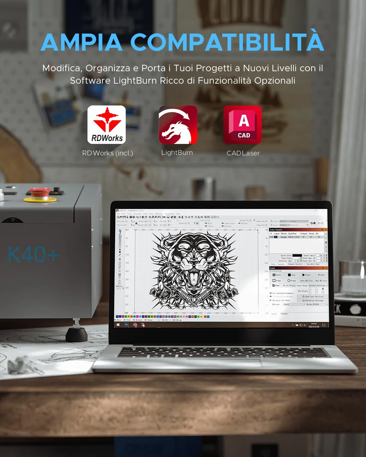 OMTech K40+ 40W CO2-Lasergravierer, 8"x12" Desktop-Lasergravurmaschine für den Heimgebrauch mit verstellbarem Laserkopf, 300 * 200mm （with Lightburn）
