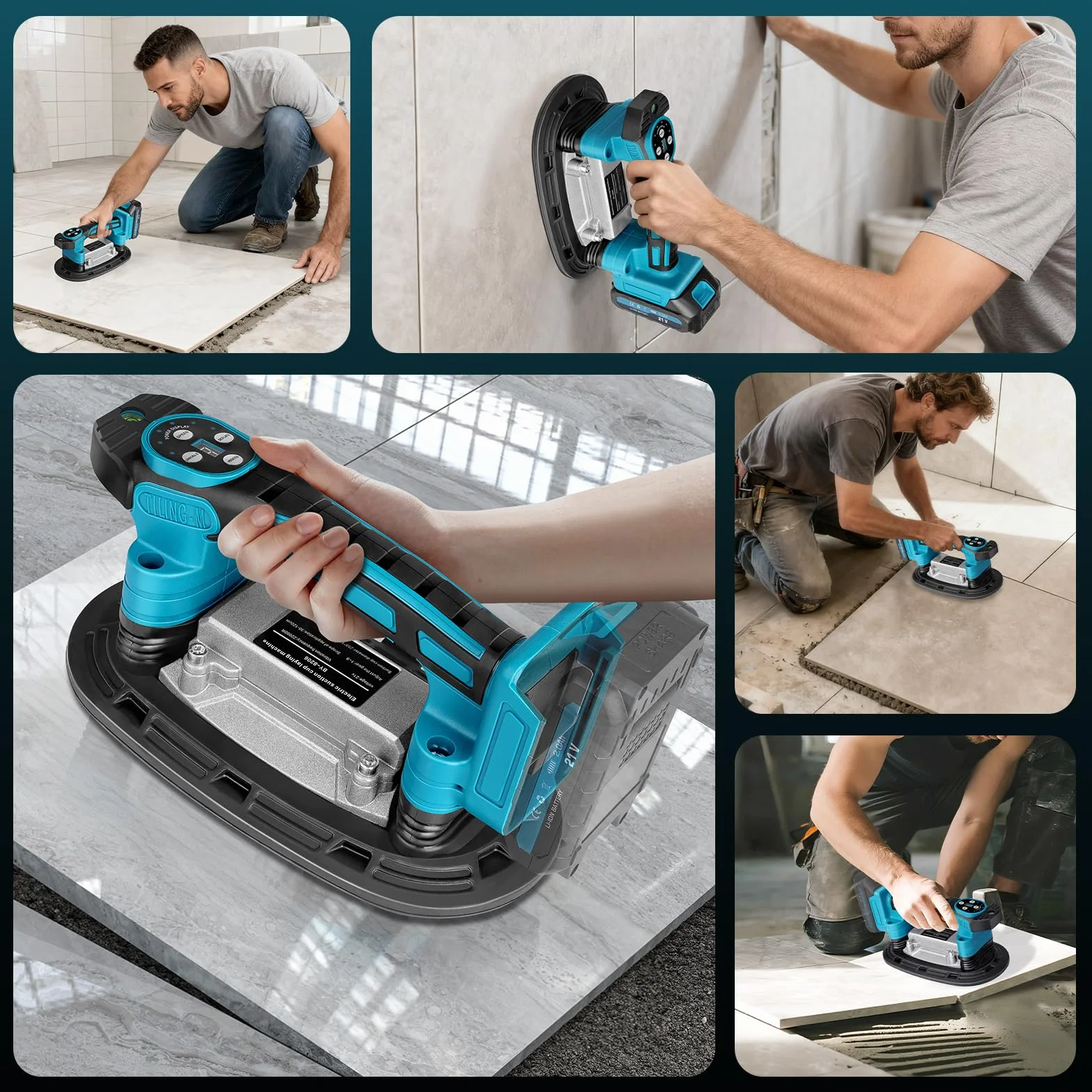 2 IN 1 Akku Fliesenrüttler & Saugnäpfen mit 2x2000mAh Akkus, Fliesenvibrator mit 22.5x12 Saugnapf | 250KG Adsorption | 9 Gang Einstellbaren 25000u/min Fliesenmaschine für 0.3-1.8m Fliesen Wandfliesen