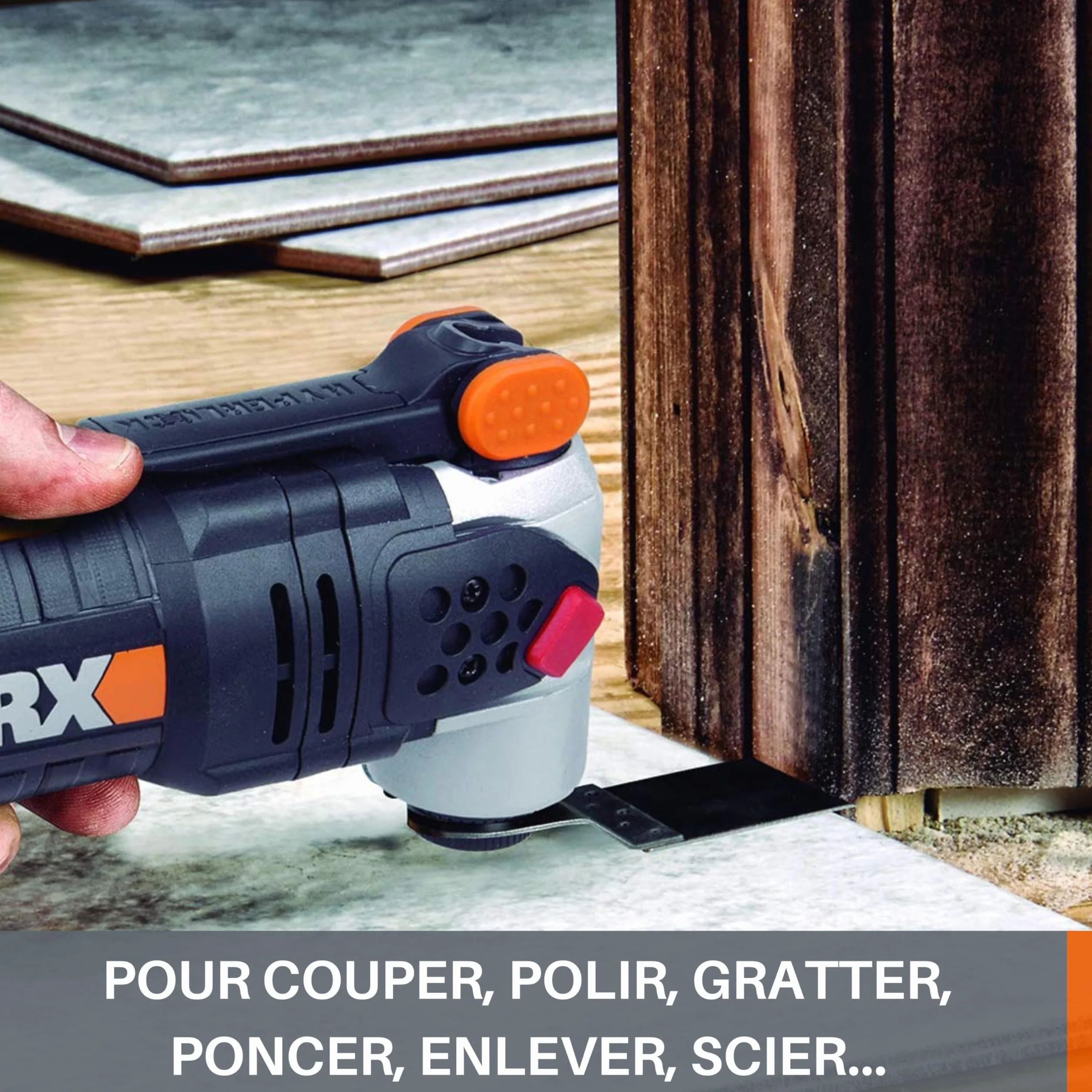 WORX WX681 sonicrafter F50 multifunktionswerkzeug 450w – zum schneiden, polieren, schleifen uvm. – multitools inkl. adapter für universalzubehör, 35mm sägeblatt & 80mm HSS sägeblatt halbrund