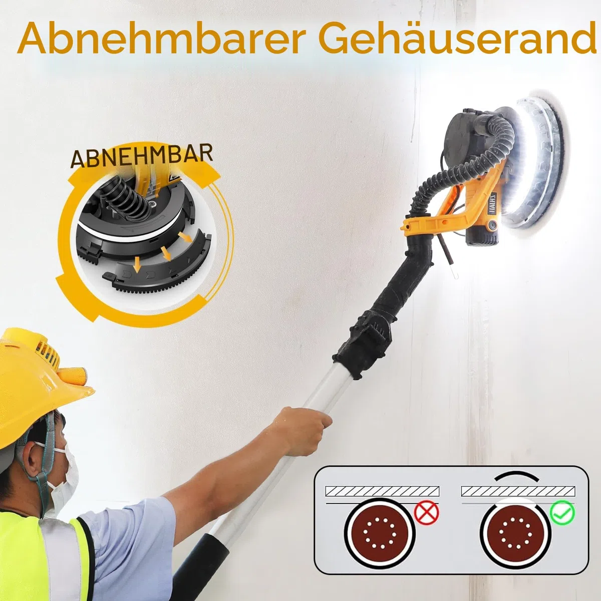 Trockenbauschleifer (880W), Schleifer mit doppelter LED-Beleuchtung, 5 variable Geschwindigkeiten, 1000-2100 U/min elektrischer Trockenbauschleifer mit 12 Schleifscheiben und Staubabsaugbeutel