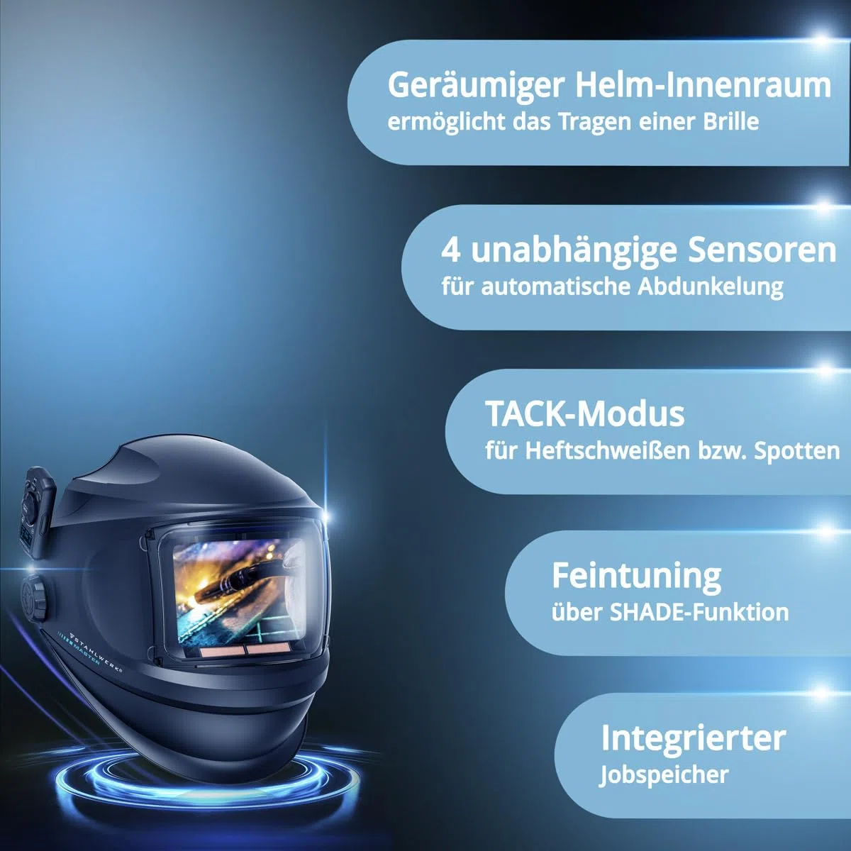 STAHLWERK Automatik-Schweißhelm 3-in-1 Master AIR – Schweißhelm mit Frischluftzufuhr, Funktionssteuerung per Bluetooth, True-Colour-Farbwiedergabe, Abdunkelung DIN 4 bis DIN 14, Optik-Klasse 1/1/1/1