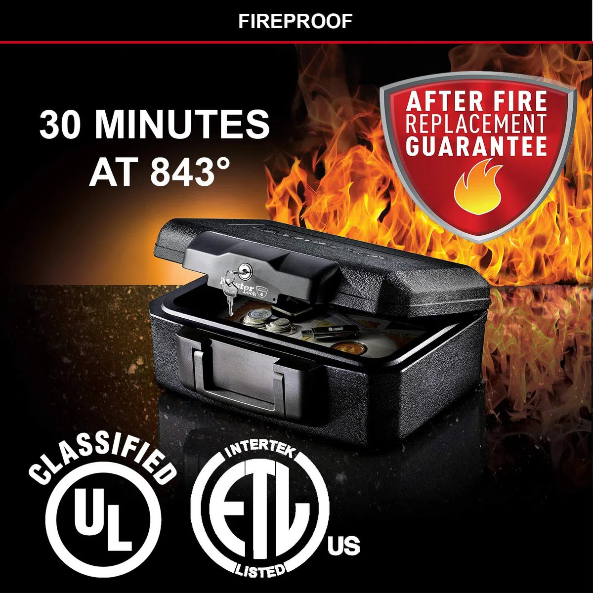 Master Lock Tresor Feuerfest und Wasserdicht mit Schlüssel, Dreifacher Schutz - Flug, Feuer und Flut, 5L, 15.5 x 36.2 x 28.4 cm