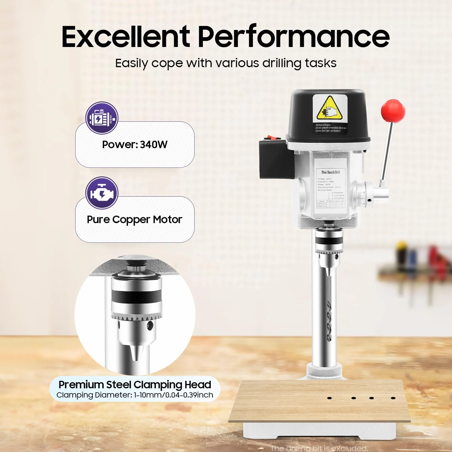 340W Tischbohrmaschine Mini Bohrmaschine Säulenbohrmaschine,Bohrfutter 1-10mm,0.6MM - 6.5MM Bohrungsdurchmesser,3-stufige Drehzahlregelung für Holz Metall und Kunststoff