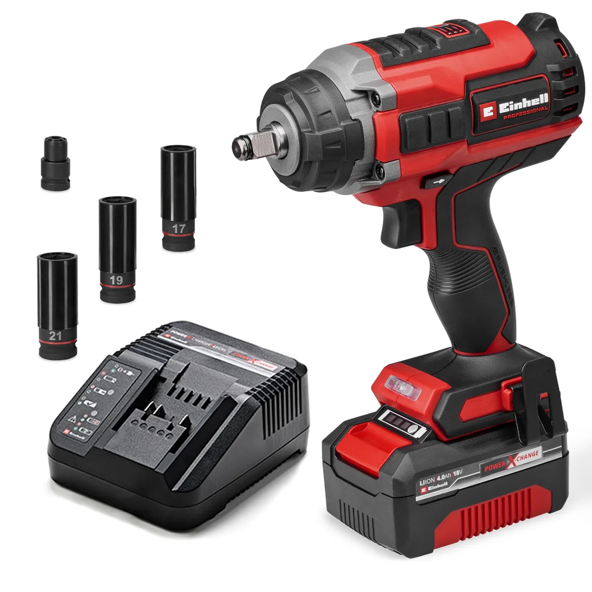 Einhell Professional Akku-Schlagschrauber IMPAXXO 18/450 (1x4,0Ah) Power X-Change (18 V, 450 Nm, Brushless, Außenvierkant-Aufnahme, inkl. 4 Ah Akku, Ladegerät, Nuss-Set)