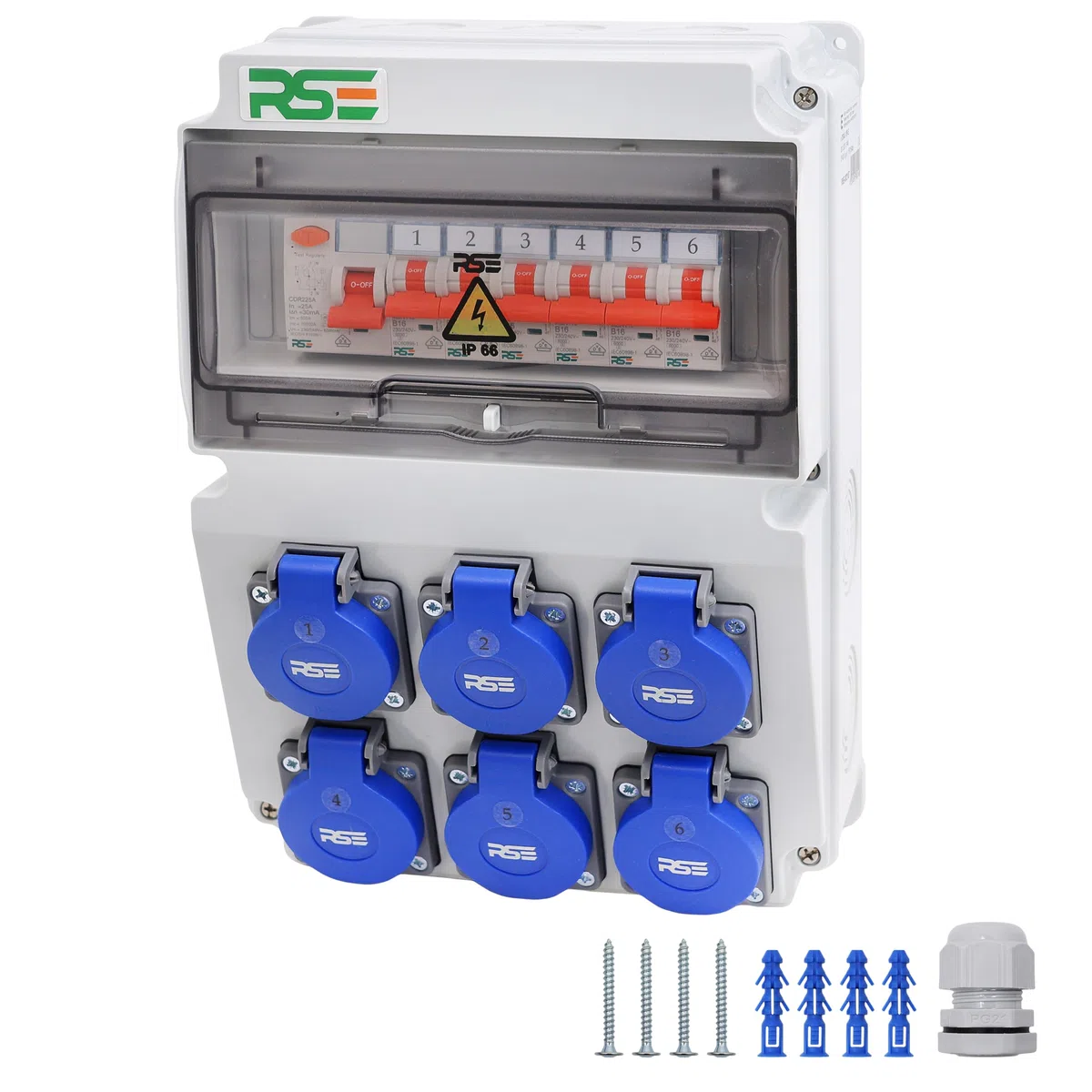 RSE BAUSTROMVERTEILER WANDVERTEILER KOMPLETT VERDRAHTET 230V SCHUKO MIT ZÄHLER ZUR AUSWAHL IP65, 8. 6X 230V MIT LS + FI