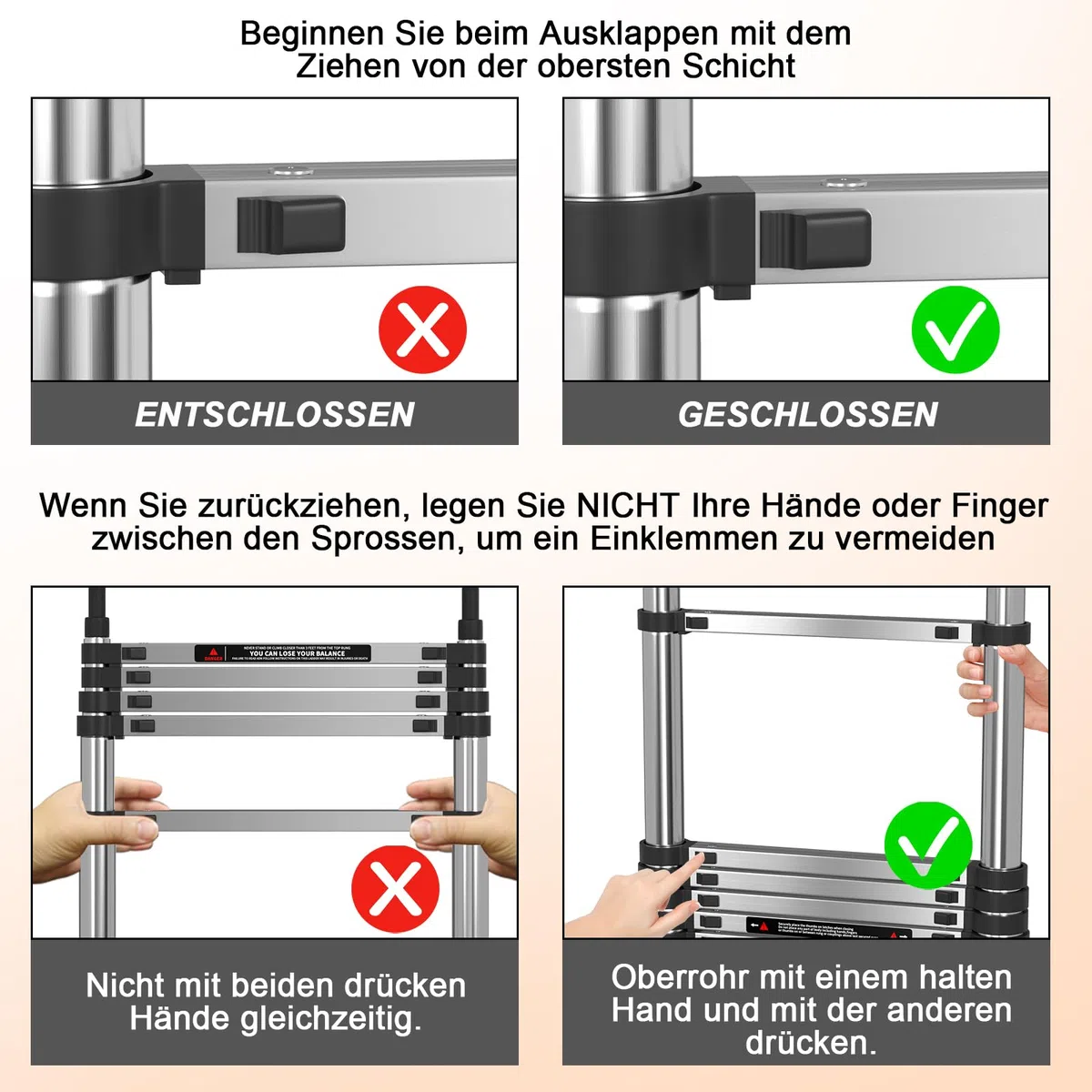5M verdickte Teleskopleiter mit abnehmbaren Haken Edelstahl ausziehbare Faltbare 16.5ft Leiter, stärker als Aluminiumleiter