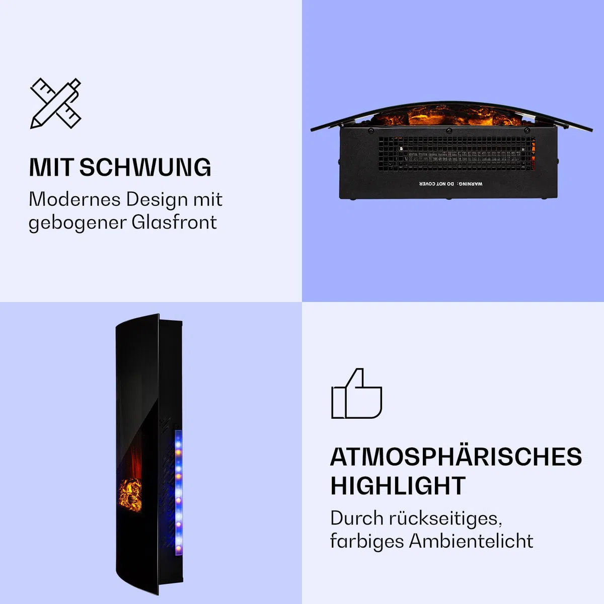 Klarstein Elektrokamin, Elektro Heizungen für Wohnzimmer & Innenräume, Elektrischer Kamin mit LED Flammen, Kamin zur Wandmontage, Heizlüfter mit Timer, Einstellbarer Thermostat, Heizung 2000 W