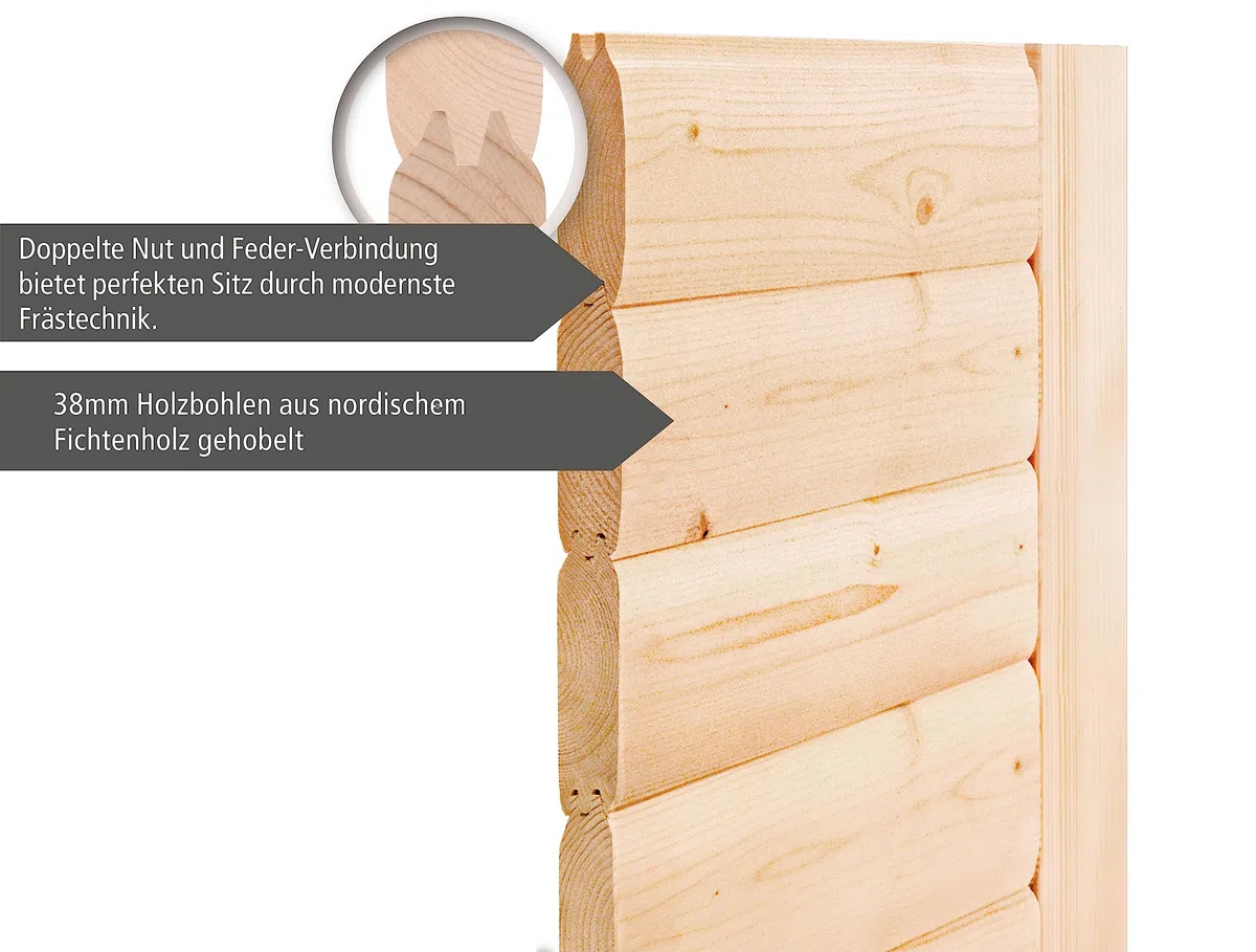 Karibu Saunahaus Helmi Gartensauna Outdoor Dampfkabine naturbelassen/terragrau optional mit Saunaofen (Naturbelassen mit finnischem 9 KW Ofen)