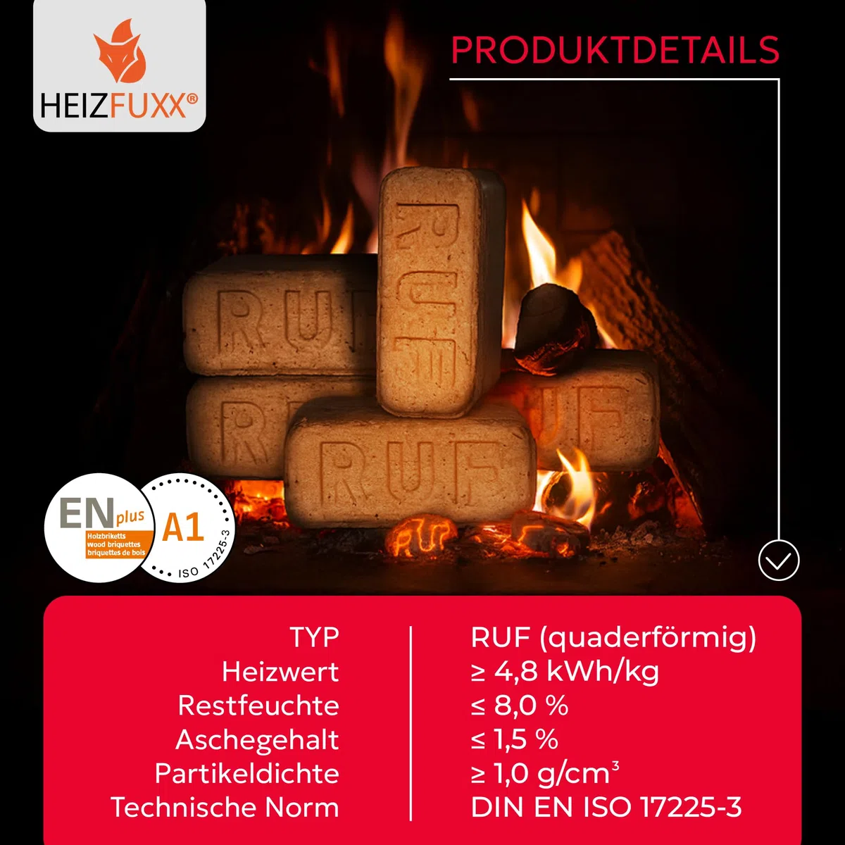 Holzbriketts RUF Original Red - Hartholzbriketts Palette 300 kg (30x10 kg) - Premium Briketts für Kamin, Heizkessel & Ofen - Hoher Heizwert, geringer Aschegehalt & maximale Energieausbeute