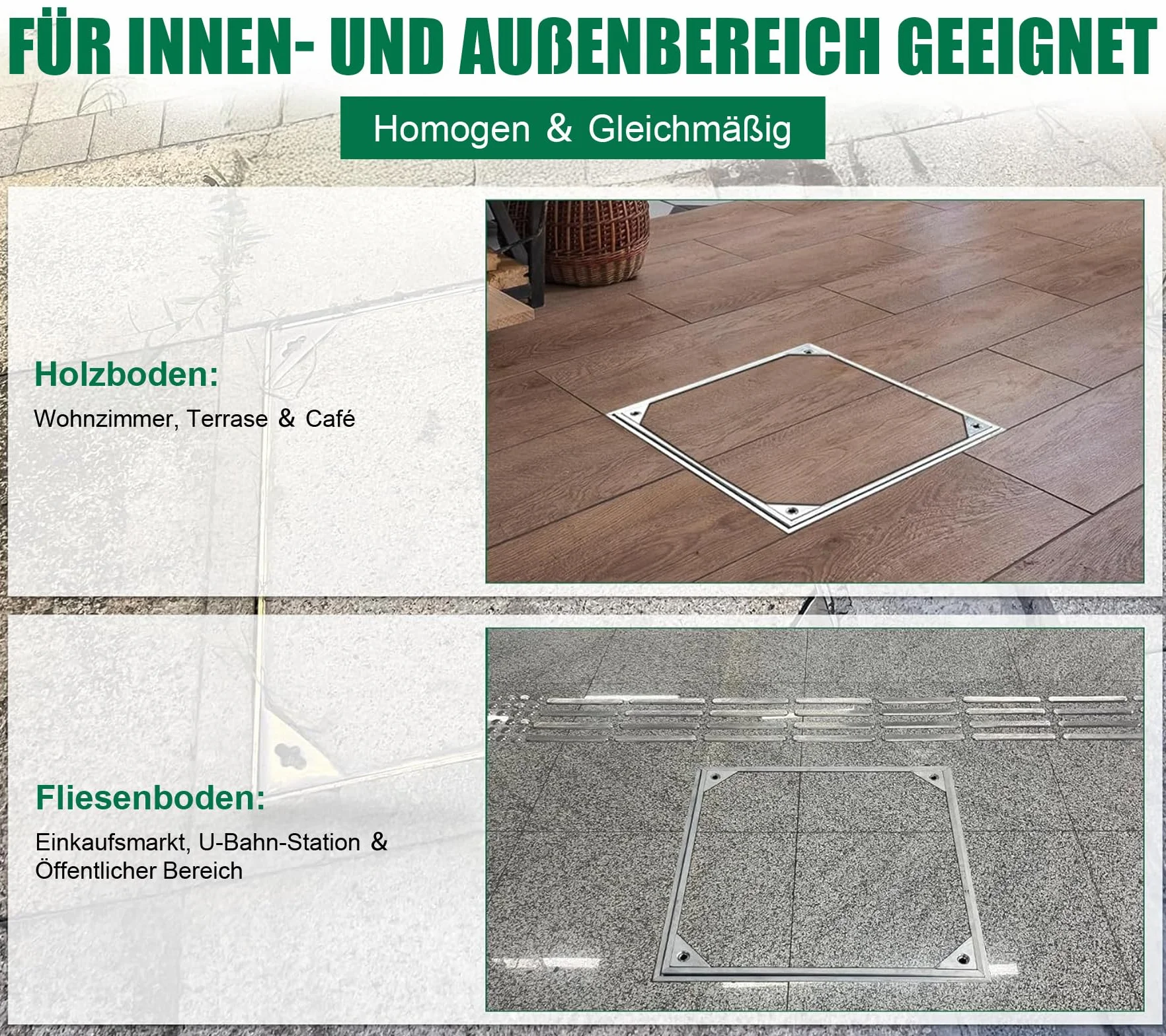 Schachtabdeckung Befliesbar Alu Lichte Weite: 300 x 300 mm | Höhe: 55 mm Schachtdeckel Auspflasterbar mit Dichtung ＆ Rahmen für Innen/Außen Geruchsdicht Wasserdicht Rostfrei inkl. Hebegriffen