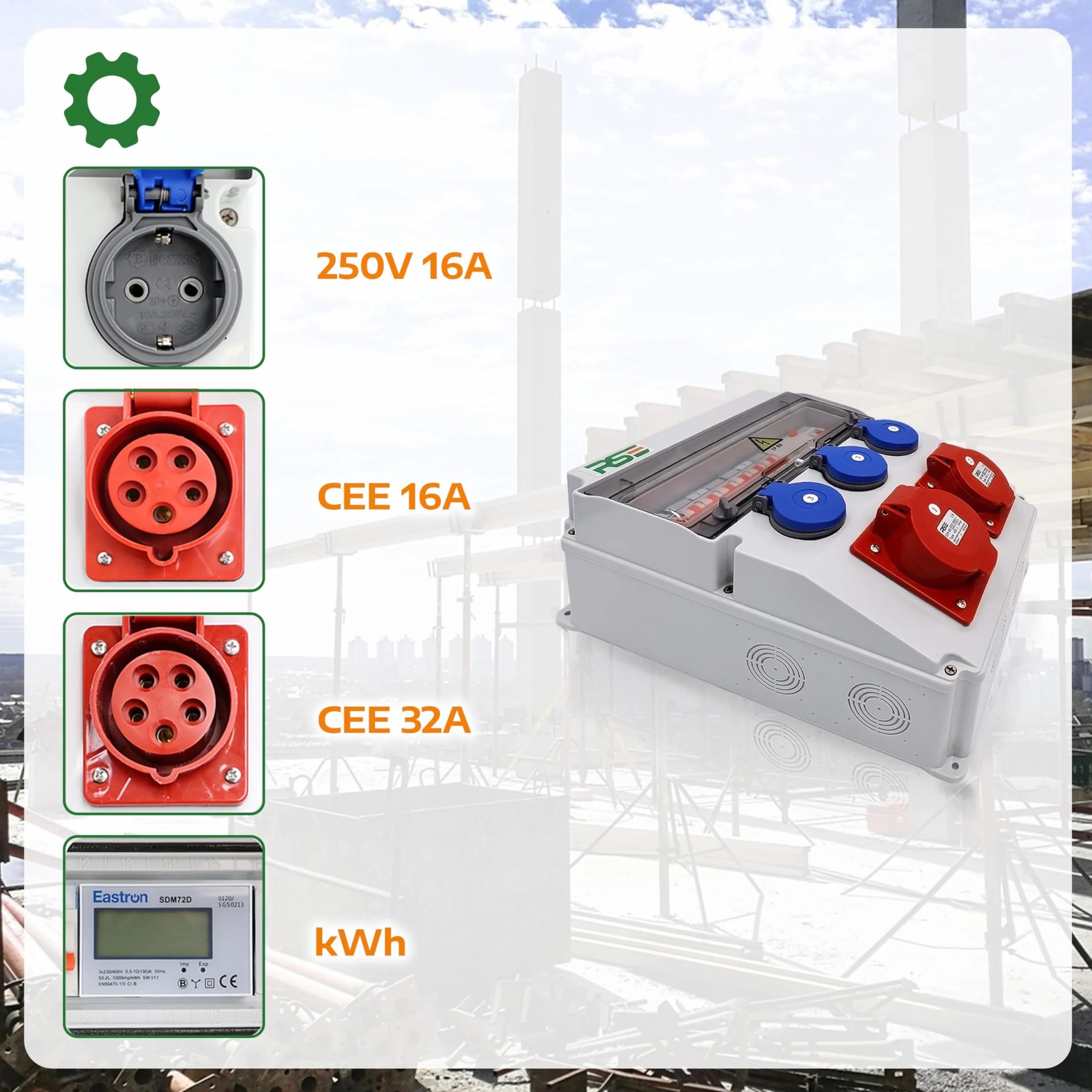 BAUSTROMVERTEILER WANDVERTEILER KOMPLETT VERDRAHTET 32A 16A 230V MIT CEE DOSE ZÄHLER IP65, 9. 1x32a 1x16a 3x230 MIT LS+FI