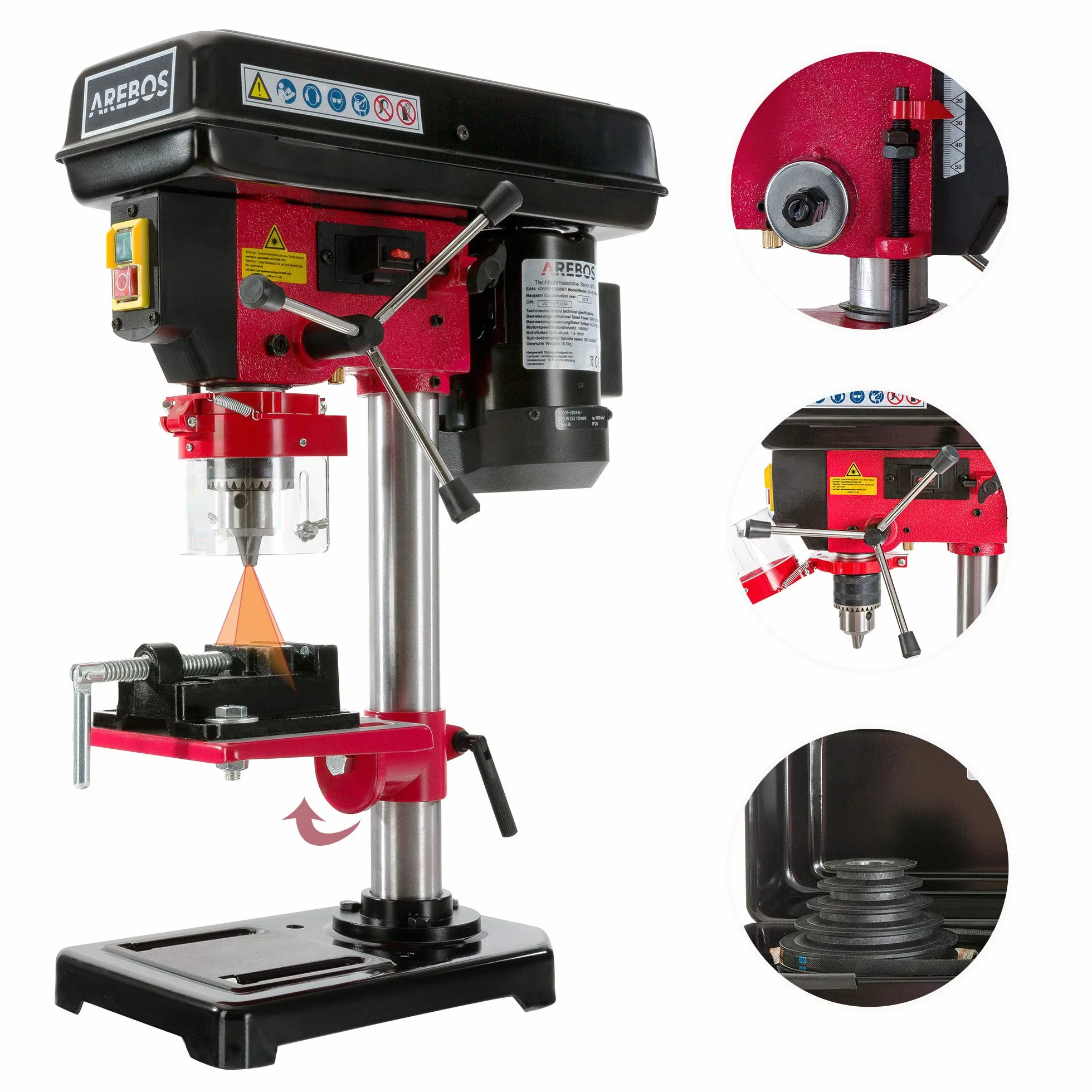 Arebos Tischbohrmaschine | Säulenbohrmaschine | mit integriertem Positionslaser | 500 W | inkl. 13 mm Zahnkranzbohrfutter und Schraubstock | 5 Geschwindigkeitsstufen | 0 – 45 Grad Neigungswinkel
