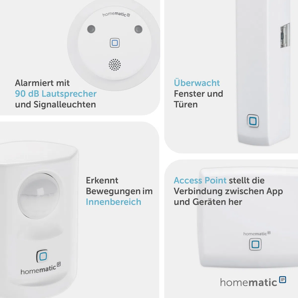 Homematic IP Starter Set Alarm, Smart Home, digitaler Fenstersensor, Bewegungsmelder, Funk-Innensirene mit App-Funktion warnt hörbar, sichtbar, per Push-Nachricht, smarte Alarmlösung, 153348A0